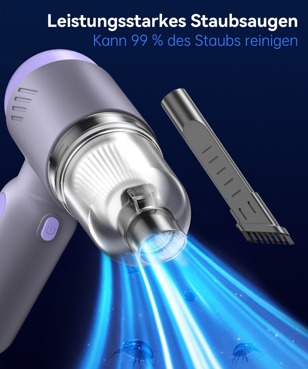 Quntis Akku-Handstaubsauger 5500pa aufladbar Tragbar Mini Staubsauger, 2-in-1, LED-Licht, Leiser, 120,00 W, Handstaubsauger, Kabellos, mit HEPA-Filter, für Auto/Home/Büro Genutzt USB-C Kabel