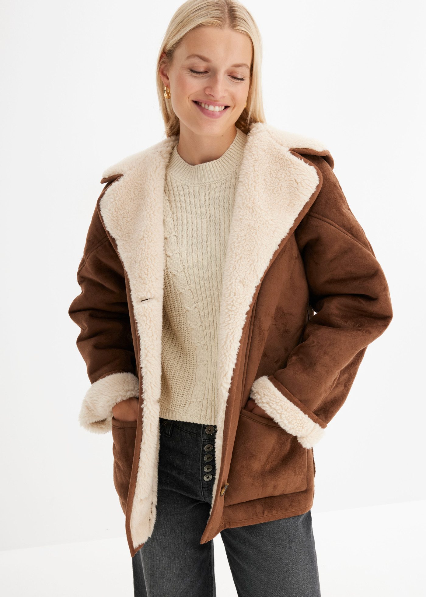 bonprix Outdoorjacke mit Shearling-Look, aus Polyester, Oversize-Passform