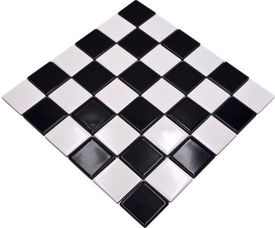 Mosani Mosaikfliesen Keramik Mosaik Fliese Fliesenspiegel Schachbrett schwarz weiß glänzend