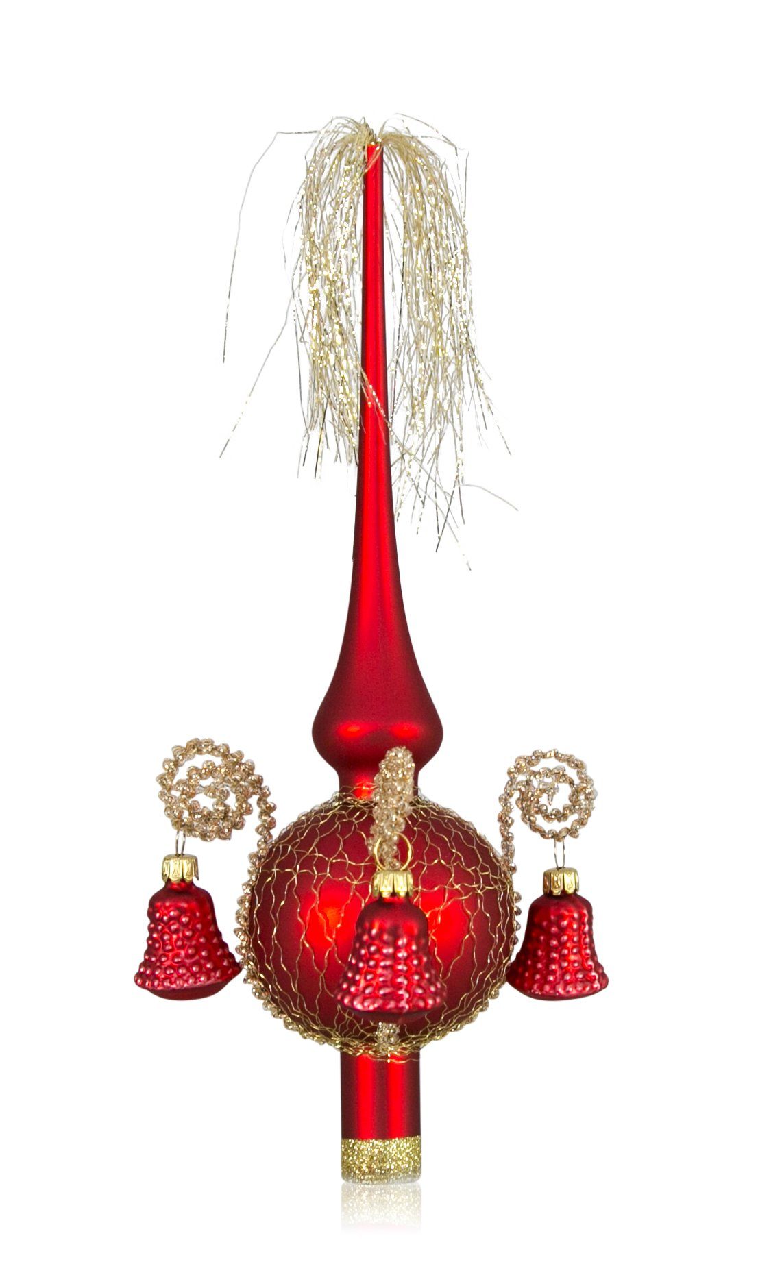 Lauschaer Glas Christbaumspitze Weihnachtsbaumspitze mit Formglöckchen, umsponnen mit Leonischem Draht, mundgeblasen, handdekoriert, handbemalt, in Lauscha hergestellt rot matt