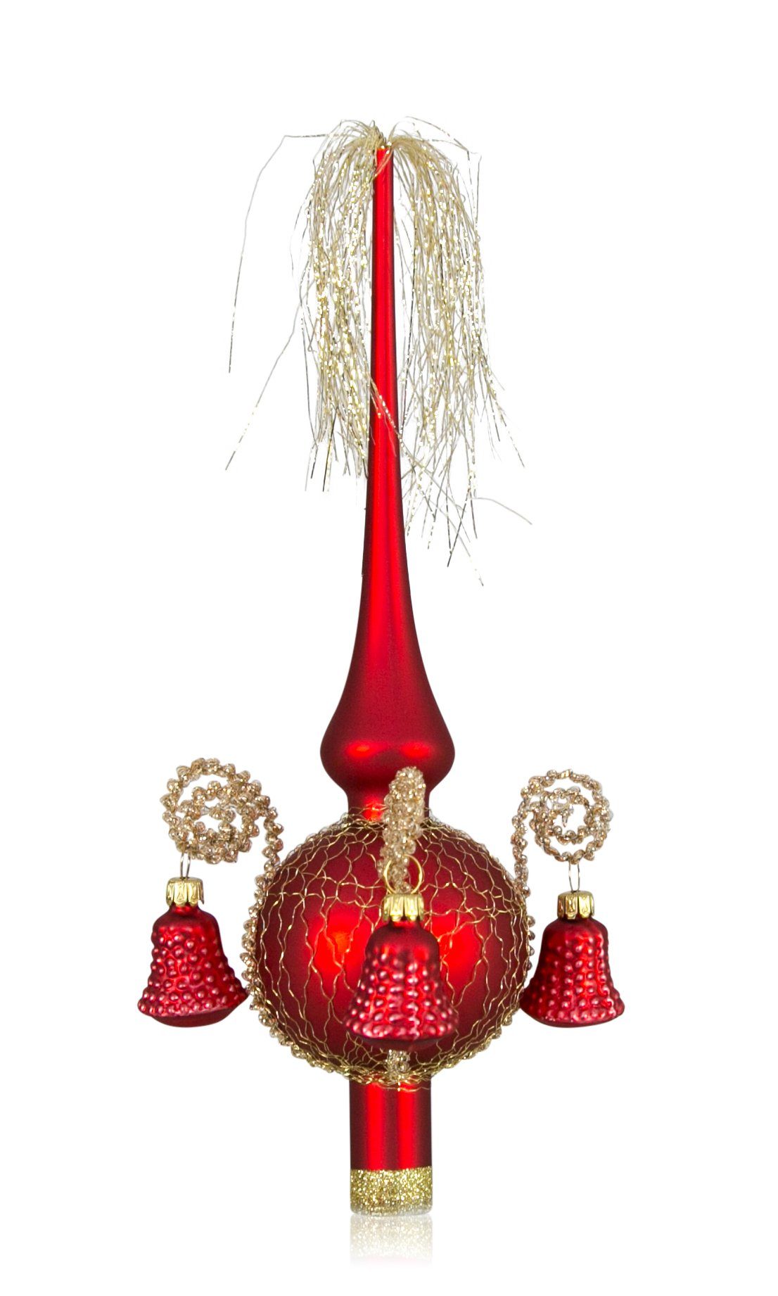 Lauschaer Glas Christbaumspitze Weihnachtsbaumspitze mit Formglöckchen, umsponnen mit Leonischem Draht, mundgeblasen, handdekoriert, handbemalt, in Lauscha hergestellt