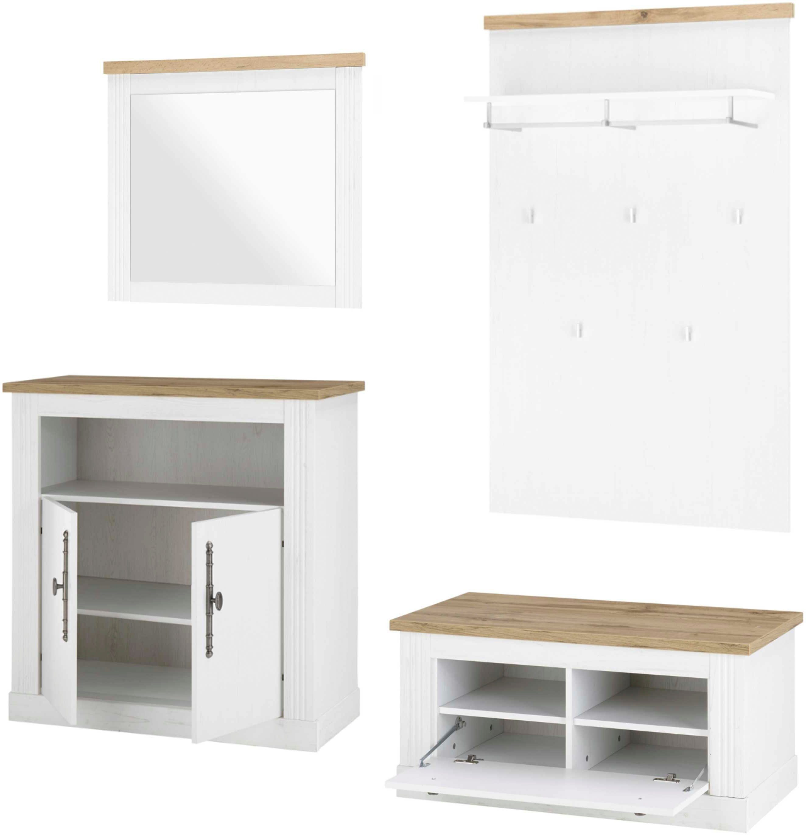 OTTO home Garderoben-Set Westminster, (4-St., Schuhbank, Spiegel, Kommode, Wandpaneel), im romantischen Landhausstil