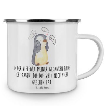 Mr. & Mrs. Panda Becher Pinguin Schizophrenie - Weiß - Geschenk, Campingtasse, Emaille Trinkb, Emaille, Kratzfeste Emaille