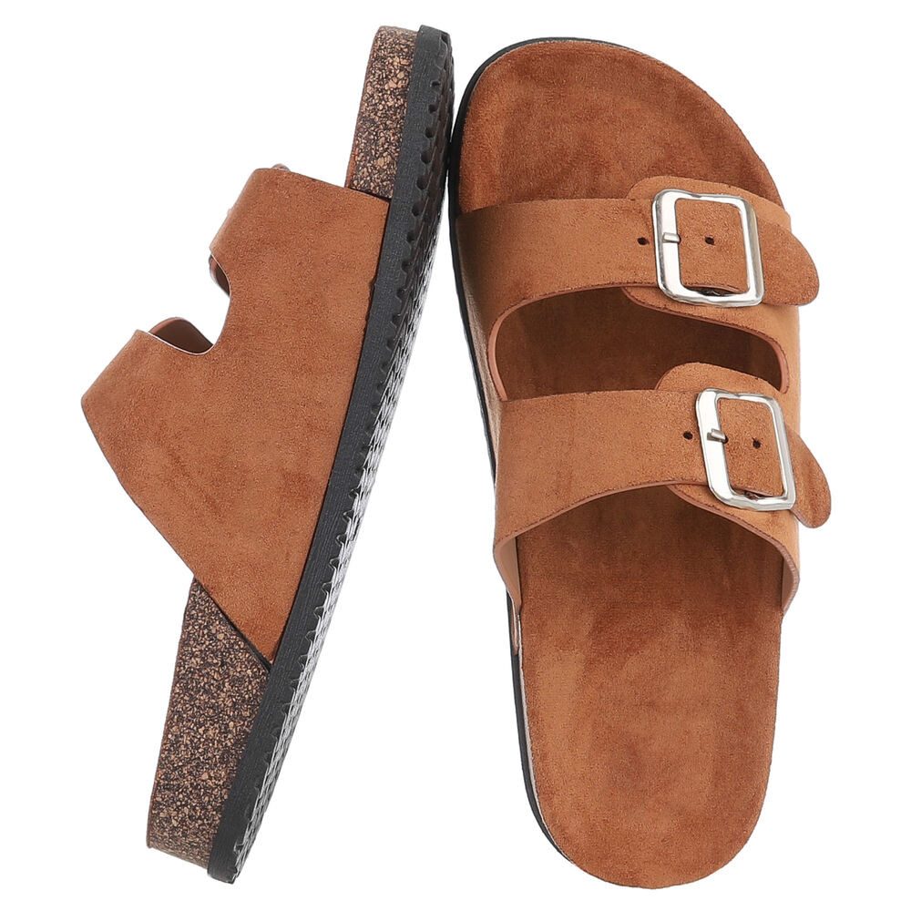 Ital-Design Damen Komfort Sandale mit Schnallen für Freizeit und Alltag Pantolette (91117291) Flach Pantoletten in Camel