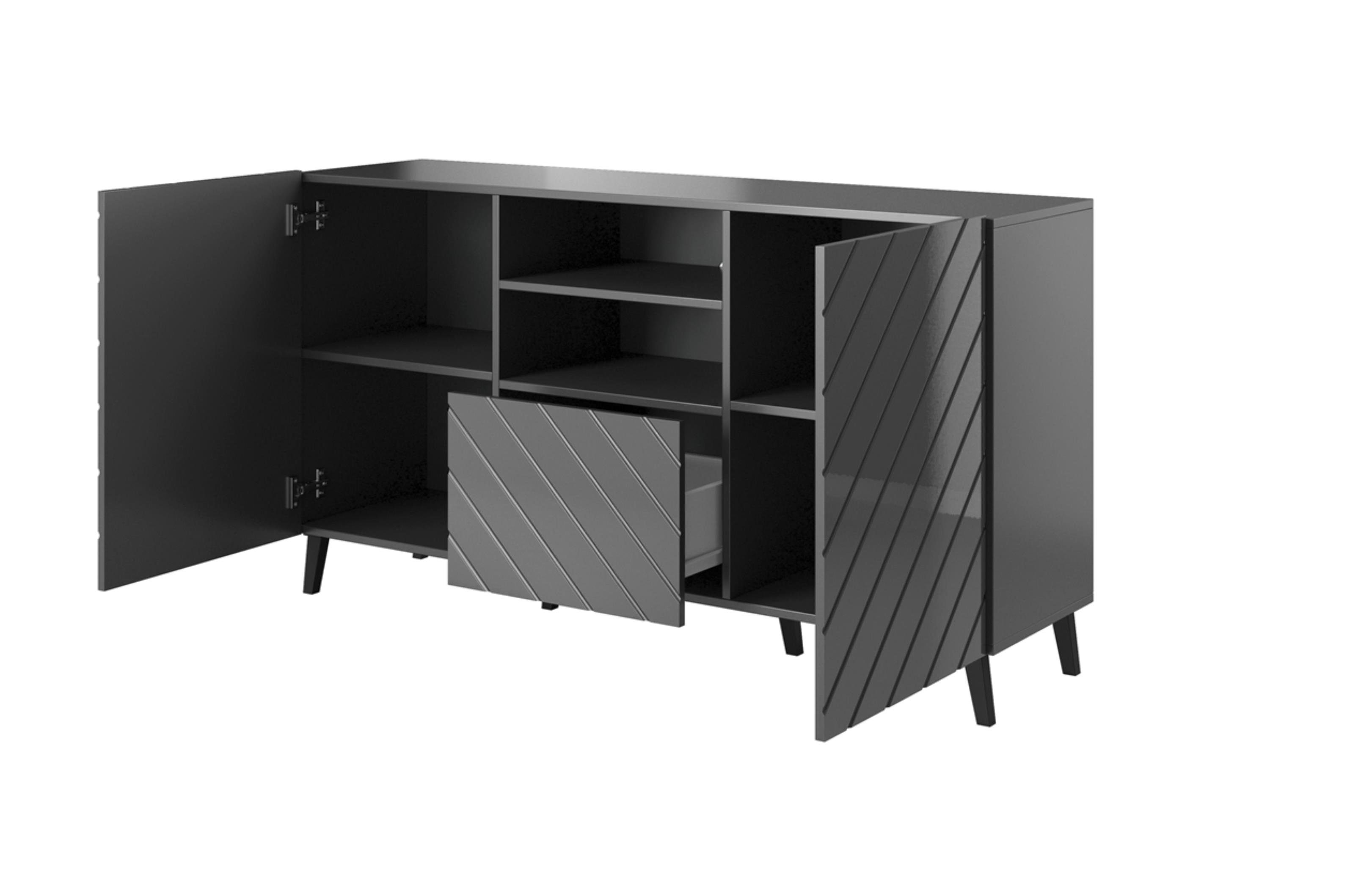 Graphit T41,6 Glanz mit Hochglanz, Furnix und Kommode x B150 H82 Schublade Sideboard x ODELIA cm Ziertüren/Metallgestell