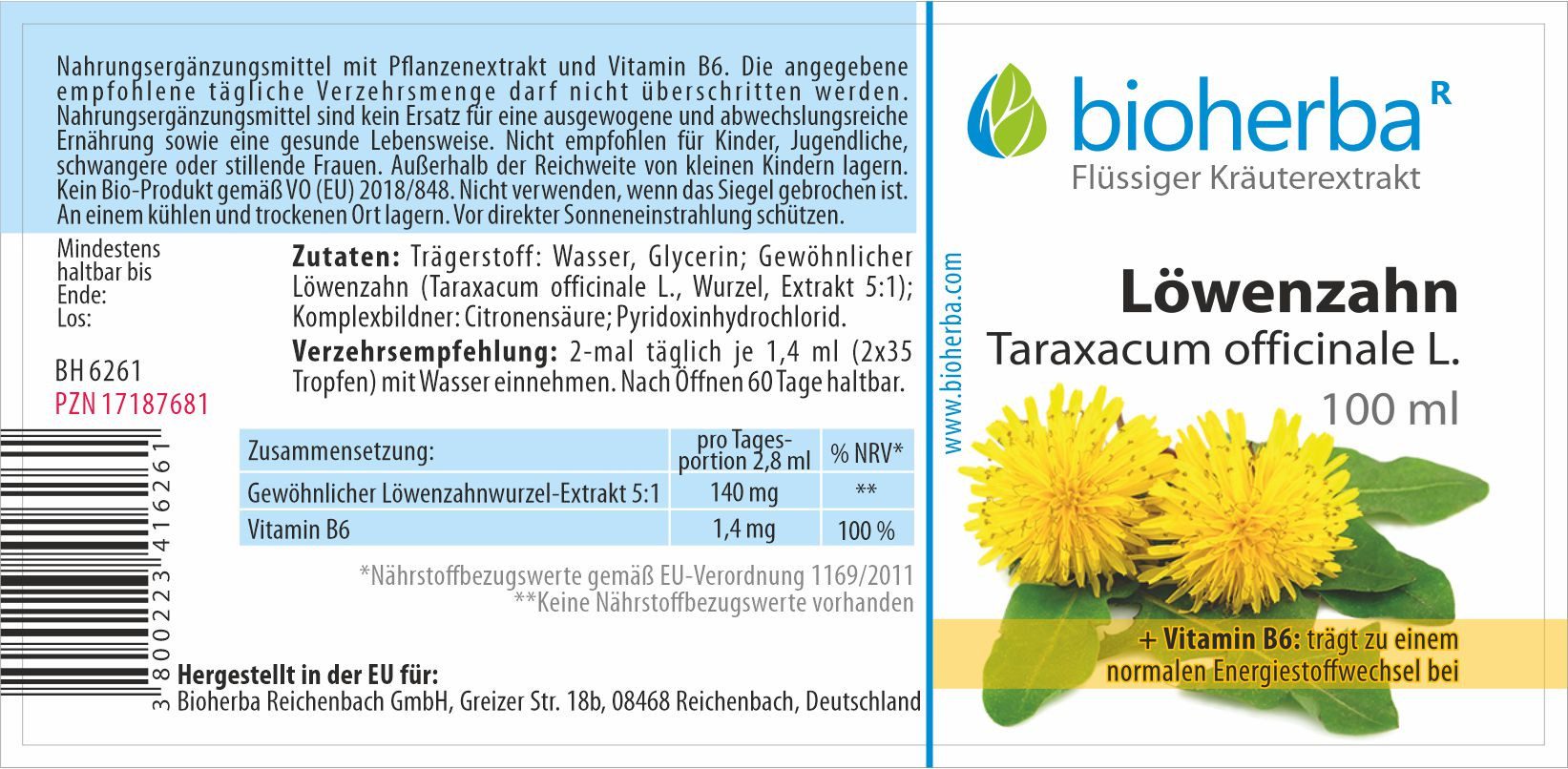 BIOHERBA R Bioherba Löwenzahn Taraxacum officinale L. Tropfen Tinktur 100 ml Glasflasche, 1 er