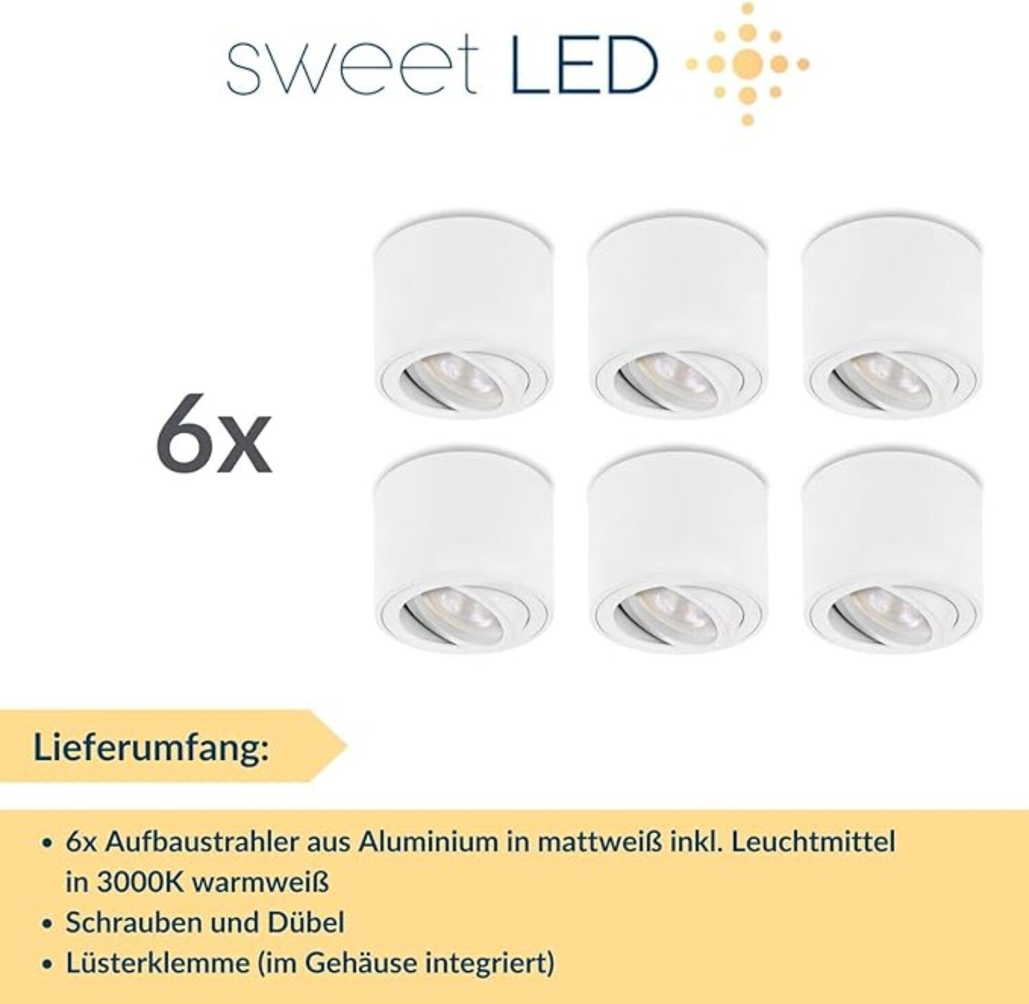 Sweet LED LED Aufbaustrahler 6er Set flache LED Aufbauspots - rund & schwenkbar, 5 W, 230V, LED wechselbar, Warmweiß, LED Deckenlampe, Deckenspot, Deckenstrahle – Bild 5 von 5