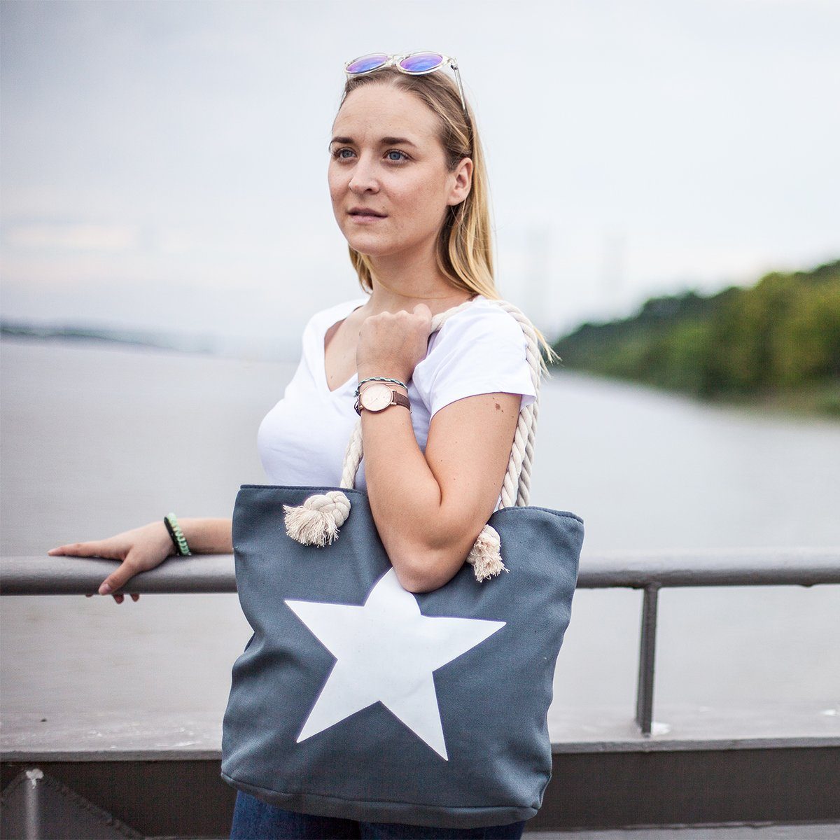 Sonia Originelli Umhängetasche Strandtasche Sternaufdruck uni Reißverschluss marine Shopper, mit mit Innentasche kleine Seilkordeln