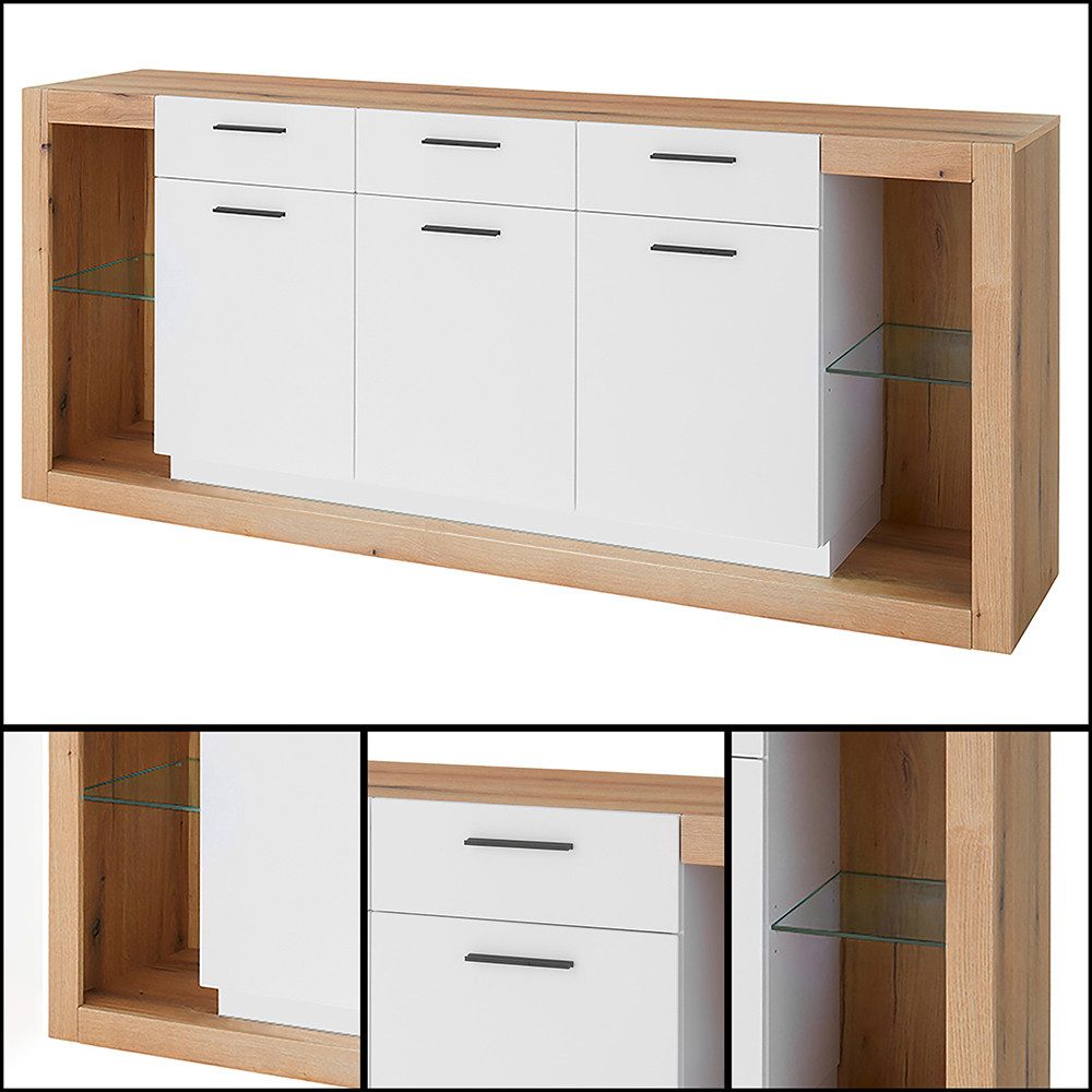 Lomadox Wohnzimmer-Set BELLAGIO-61, (Mega-Spar-Set, 5-St., Sideboard Vitrinenschränke Lowboard Wandregal), in Eiche mit weißen Fronten, viel Stauraum, Glaseinlegeböden
