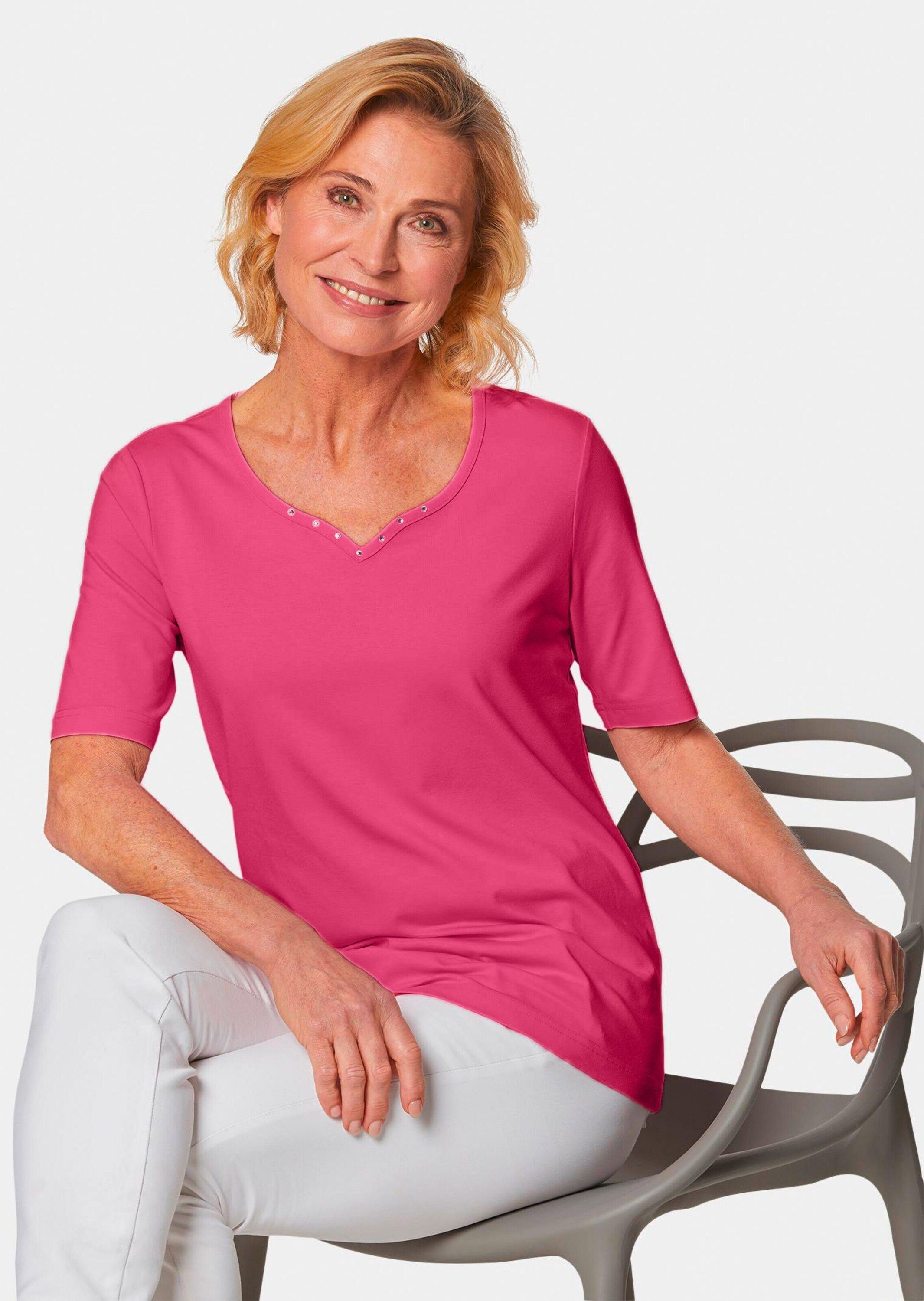 GOLDNER T-Shirt Kurzgröße: Halbarm Basic-Shirt aus Baumwolle Herzausschnitt mit funkelnden Details, bequeme Passform