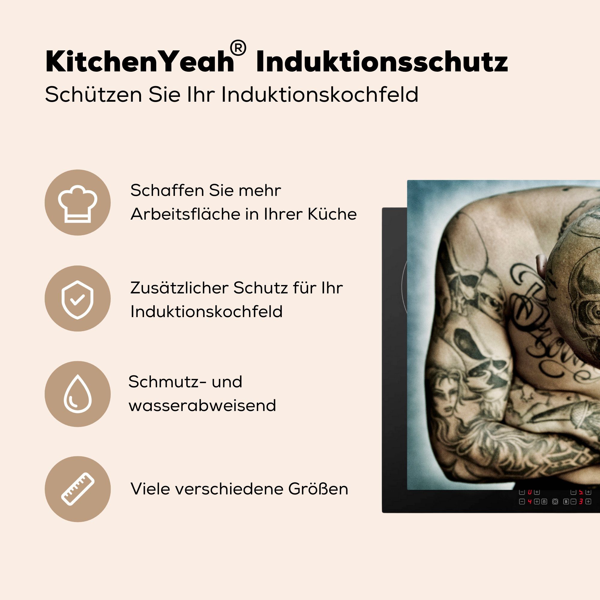küche, 71x52 (1 mit MuchoWow Tattoos, Vinyl, cm, Jemand vielen Induktionskochfeld Ceranfeldabdeckung tlg), für Herdblende-/Abdeckplatte die Schutz