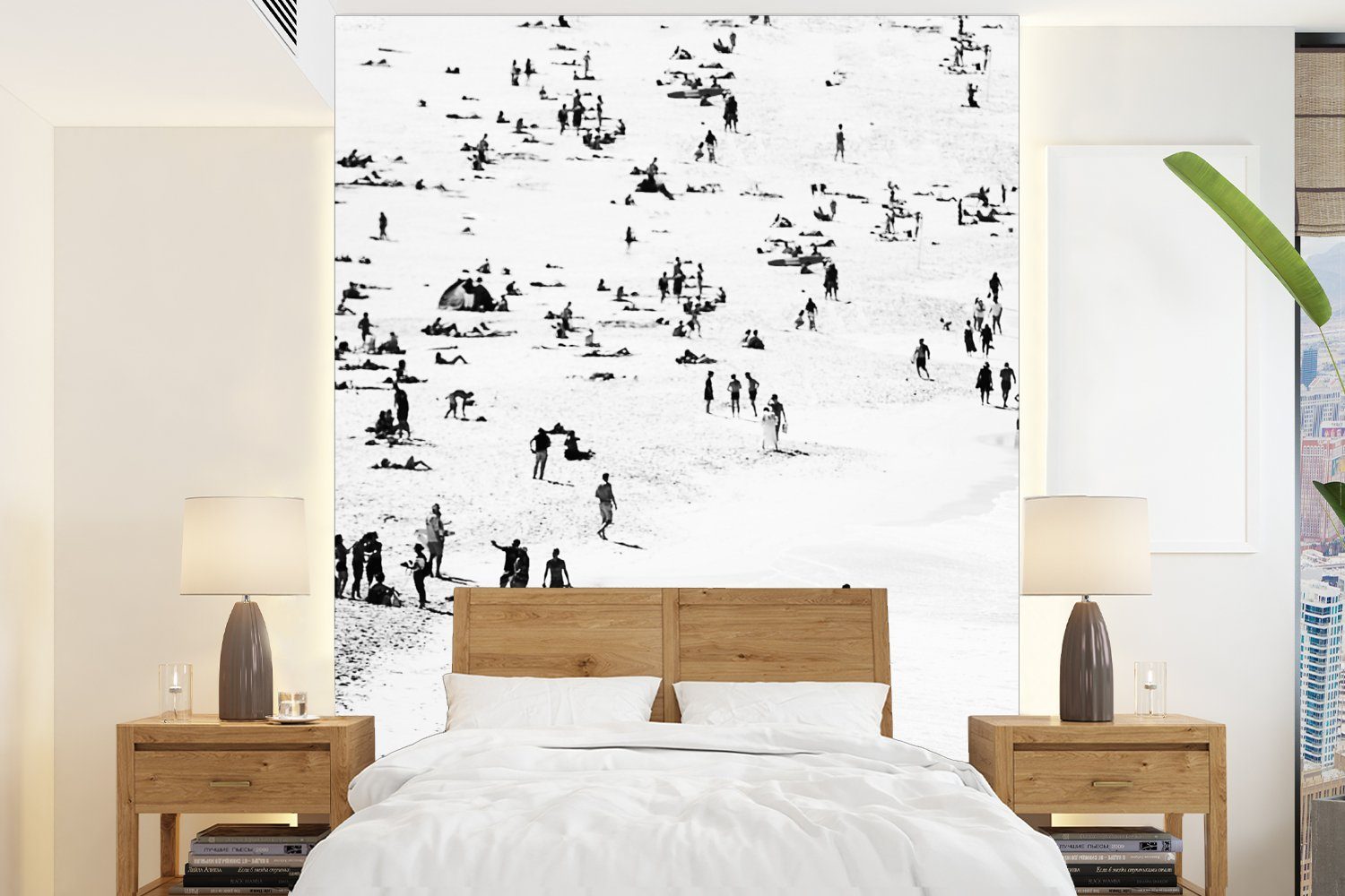 MuchoWow Fototapete Strand - Meer - Menschen - Schwarz und weiß, Matt, bedruckt, (4 St), Montagefertig Vinyl Tapete für Wohnzimmer, Wandtapete