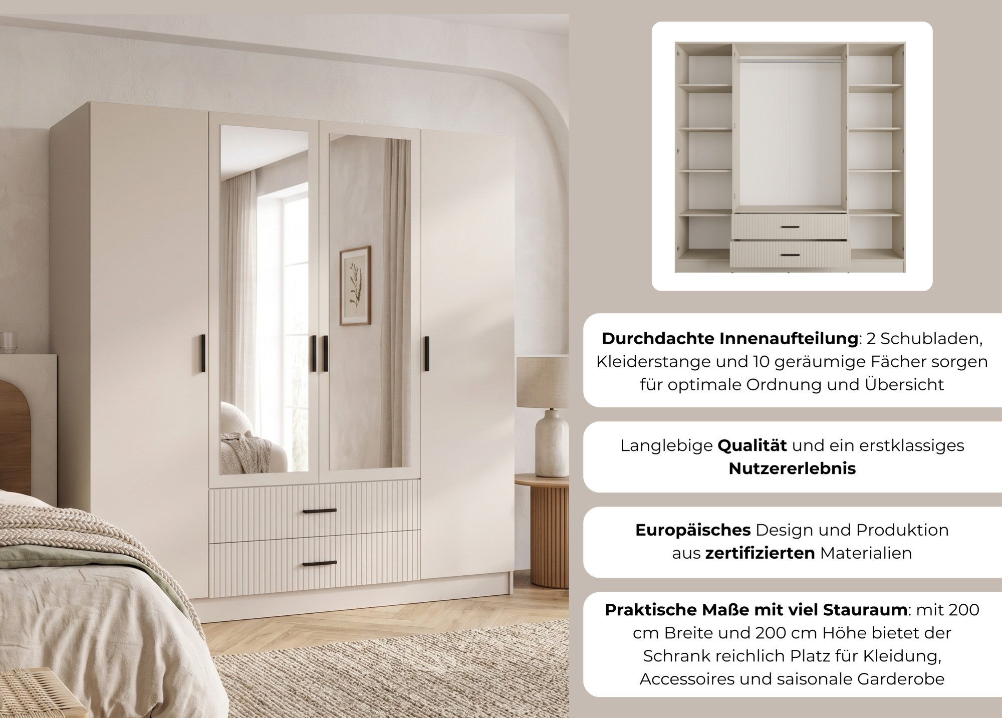 OTTO home Kleiderschrank TERRIK, modern mit viel Stauraum & geriffelter Struktur, Spiegel (B/H/T ca. 200/200/60) Schrank mit 11 Fächern, Kleiderstange, 2 Schubladen, Made in EU