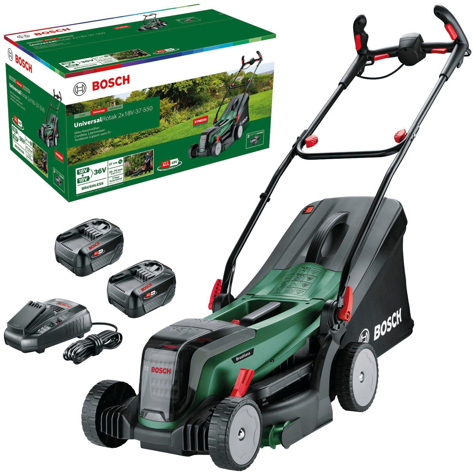 Bosch Home & Garden Akkurasenmäher UniversalRotak 2x18V-37-550, 37 cm Schnittbreite, mit 2xAkku 18V/4,0 Ah und Ladegerät