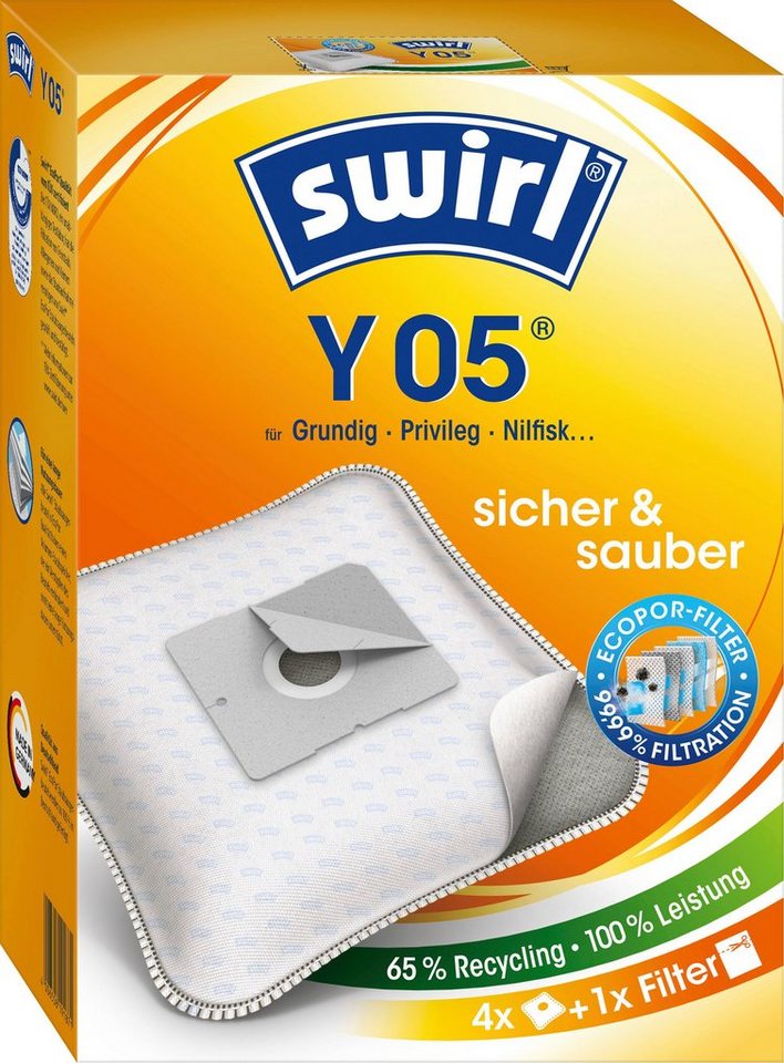 Swirl Staubsaugerbeutel Y 05 für Dirt Devil, Progress und Samsung, 4er-  Pack, Filtert bis zu 99,99% des Hausstaubs & allergenen Feinstaubs