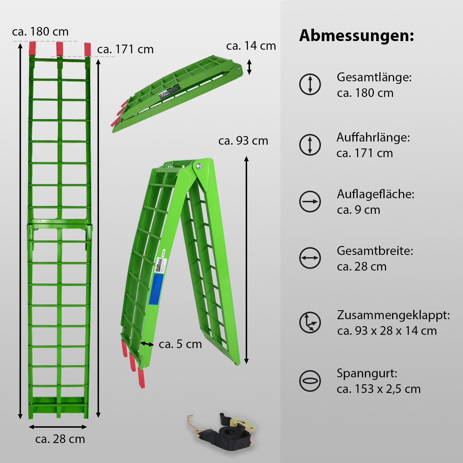 TRUTZHOLM Auffahrrampe Aluminium Länge 180 cm Traglast 340 kg klappbar Riffelstab grün (1-St., Inkl. 1x Spanngurt), Robuste Konstruktion, Klappmechanismus, platzsparend