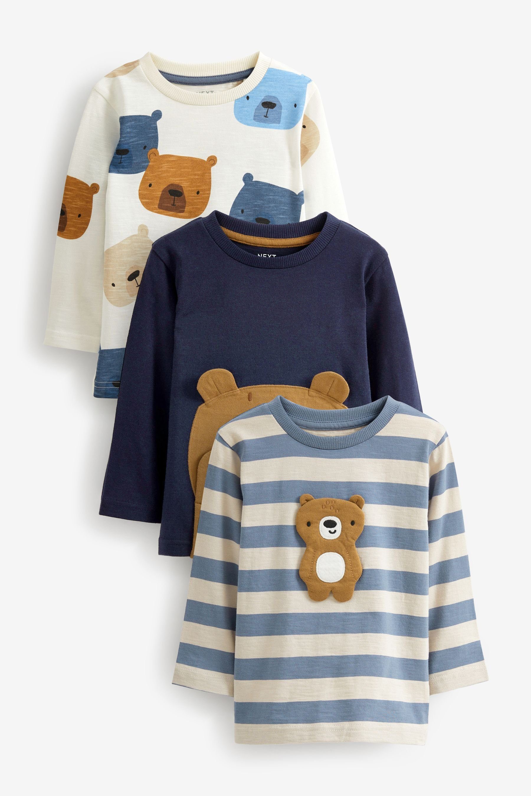 Next Langarmshirt Langärmelige Shirts mit Figurenmotiv im 3er-Pack (3-tlg) Blue/Brown Peekaboo Bear