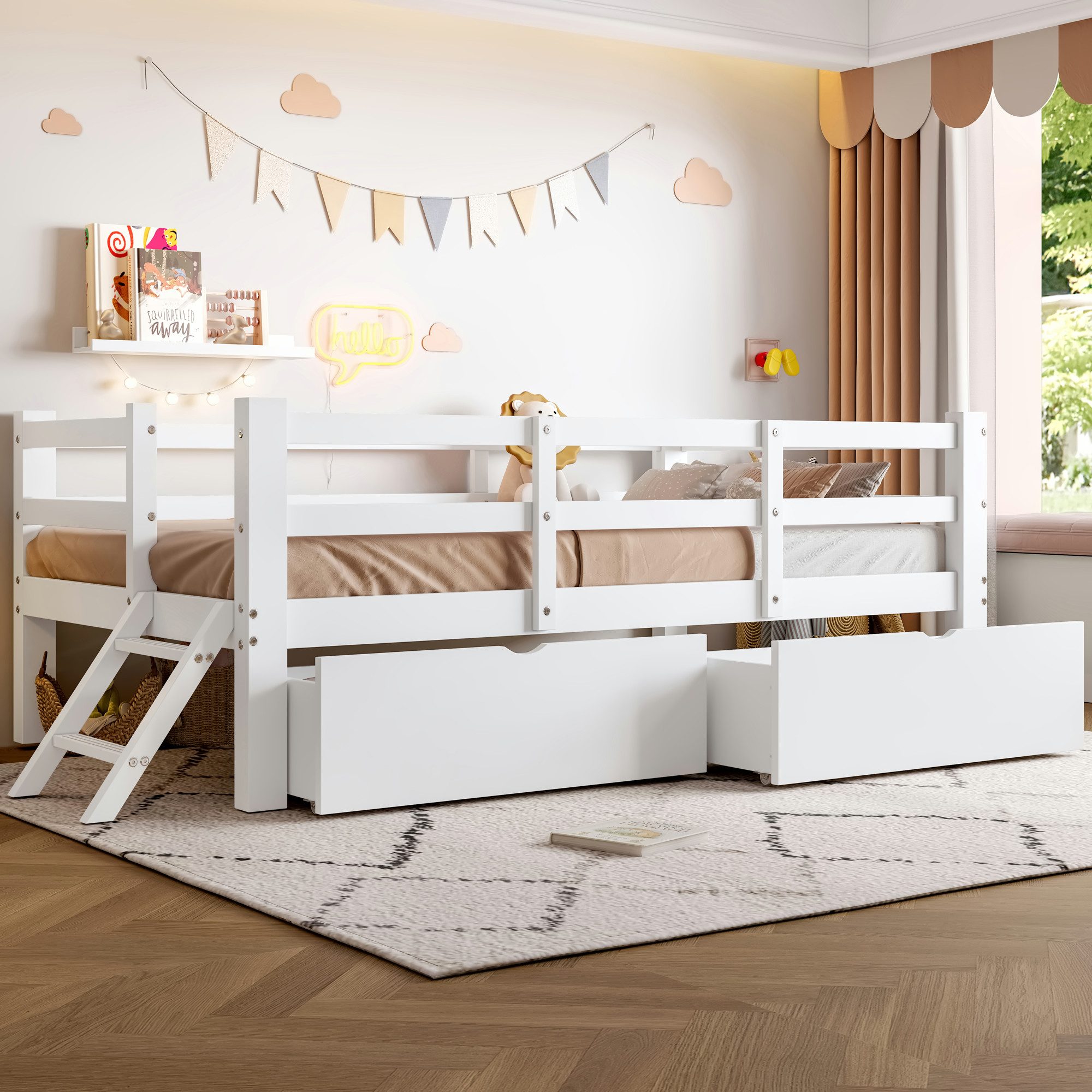 Flieks Kinderbett, Halbhochbett Einzelbett 90x200cm mit 2 Schubladen und Leiter