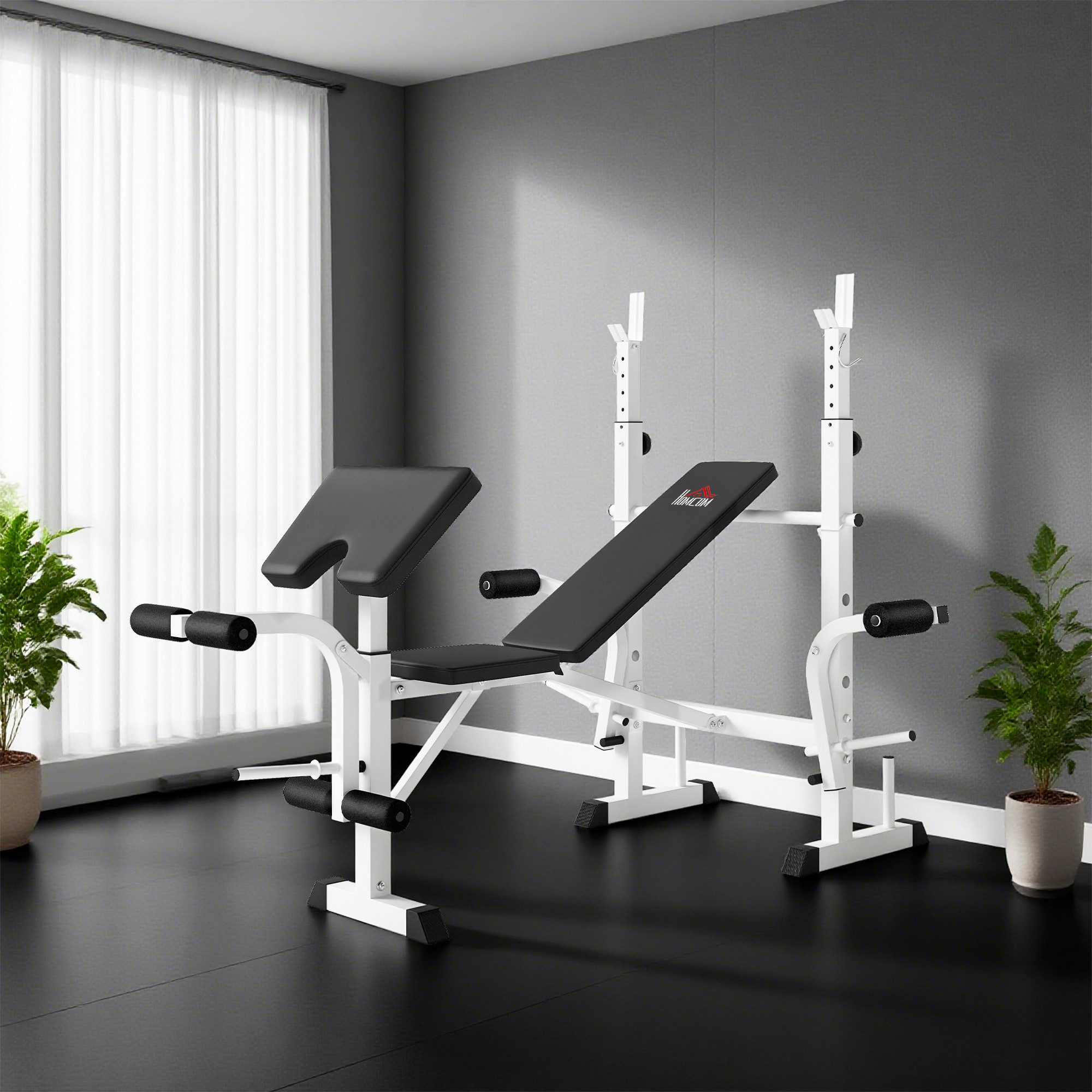 HOMCOM Hantelbank Verstellbar, Multifunktionaler Trainingsbank, Stahl, Schwarz+Weiß, (Beinpresse, 1-tlg., Armauflage für Gewichtstraining), 180cm x 134cm x 136c – Bild 5 von 5