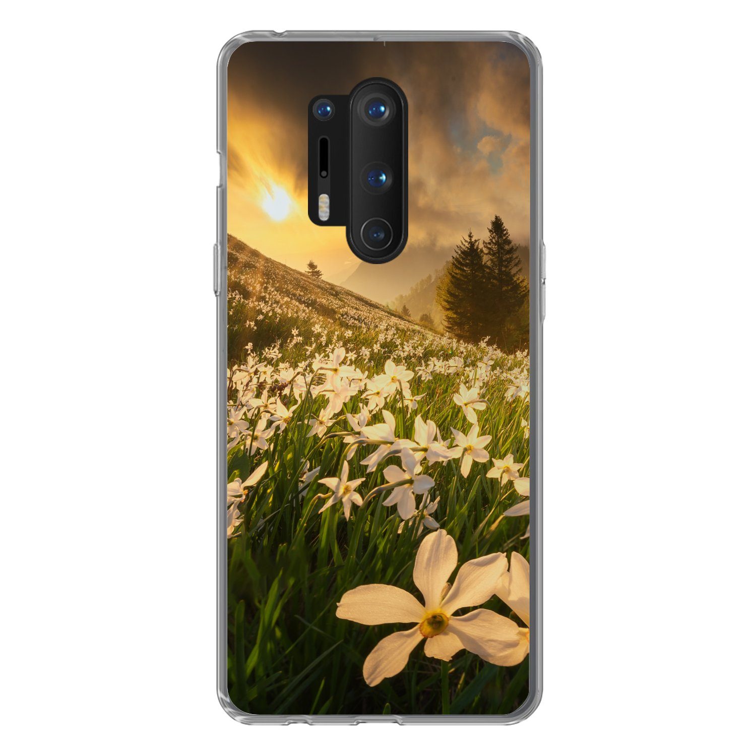 MuchoWow Handyhülle für OnePlus 8 Pro Blumenfeld - Hügel - Sonnenuntergang - Berg - Natur, Phone Case, Silikon, Schutzhülle Dünn