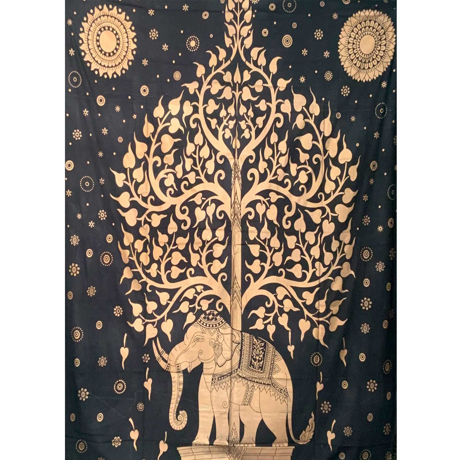 KUNST UND MAGIE Wandteppich Tagesdecke Wandbehang Deko Tuch Golden Elefant Bohi Baum ca. 200x135cm