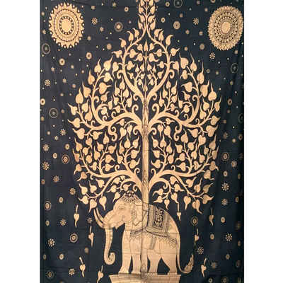 Wandteppich Tagesdecke Wandbehang Deko Tuch Golden Elefant Bohi Baum ca. 200x135cm, KUNST UND MAGIE