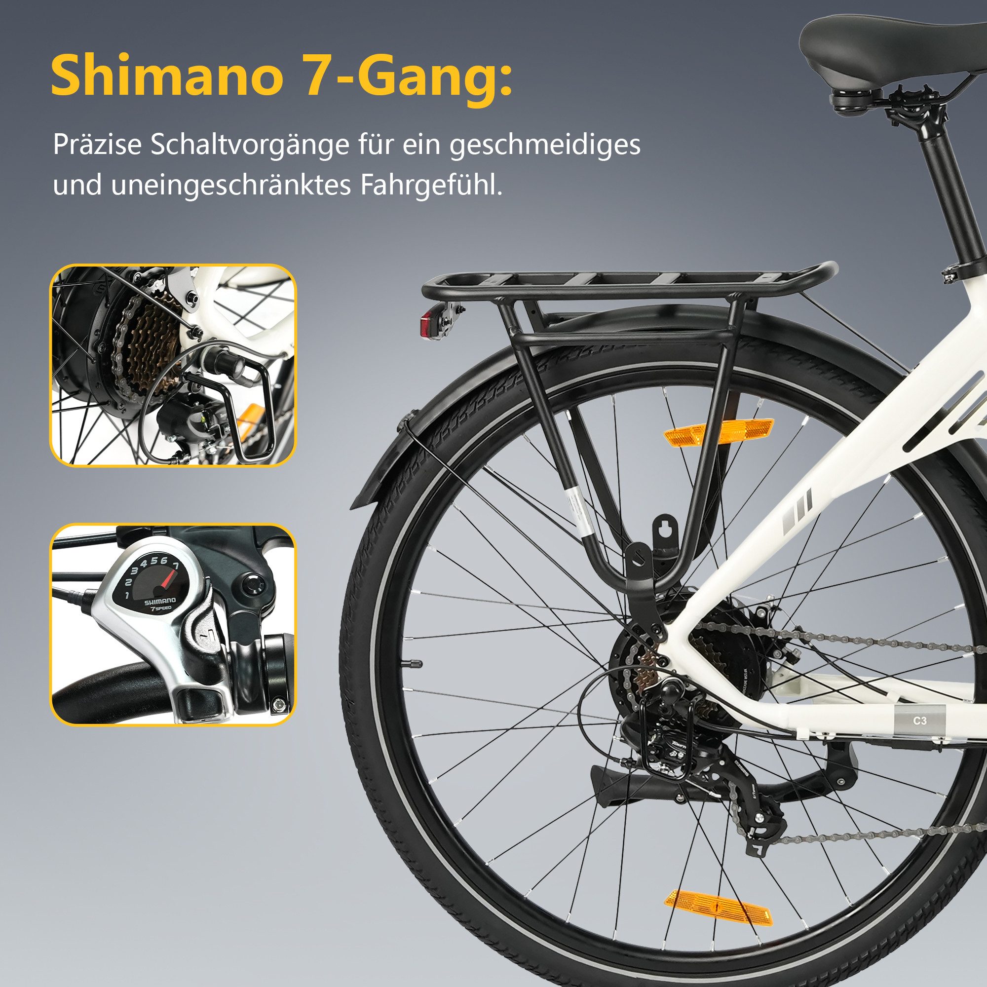 TTGO E-Bike Cityrad 28 x 2,0 Zoll, 150km Reichweite, C3 2.0, Elektrofahrrad, Pedelec, 7 Gang SHIMANO, Kettenschaltung, Heckmotor, 650 Wh, 5 Stufen, Leicht nur 25kg, Tiefeinsteiger-Rahmen, bis zu 125kg