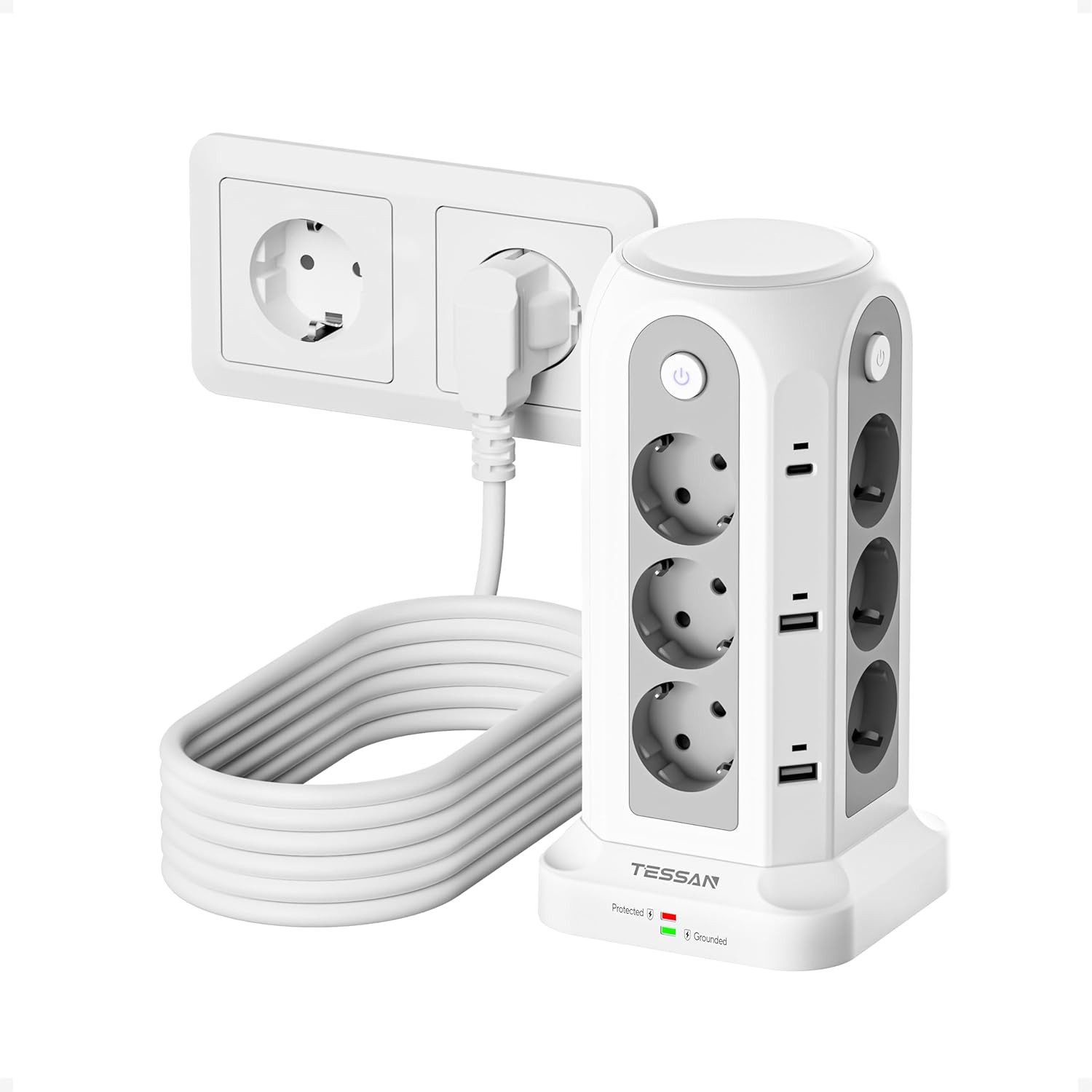 TESSAN 12 Fach Mehrfachsteckdose mit 3 USB(2 USB-A/1 USB-C) Kabel 2/5m Mehrfachsteckdose (USB-Anschlusse, Ein-/Ausschalter, Kabellänge 5 m)
