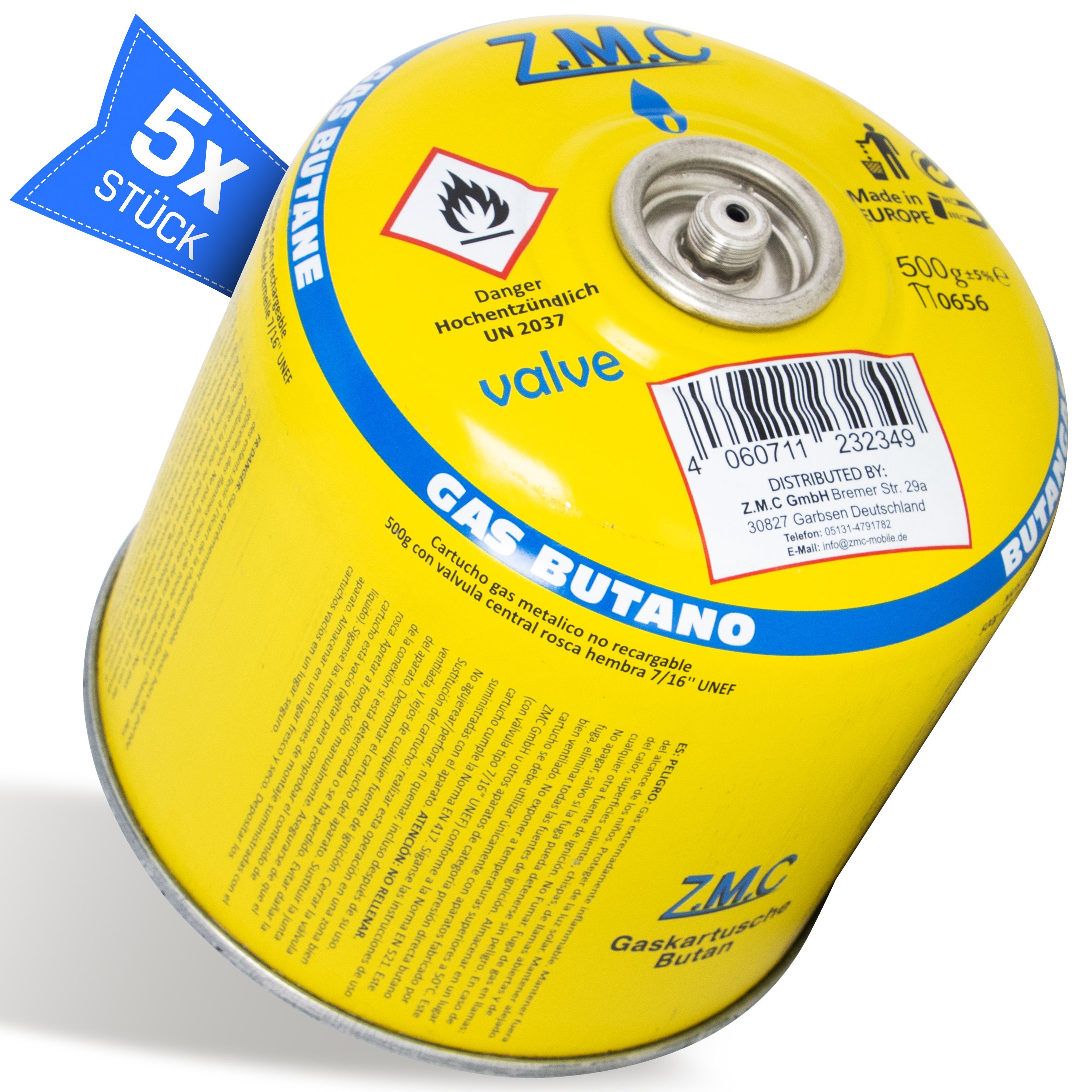 ZMC Gaskartusche Universal Camping Propan Butan Gas 500g Schraubventil Gaskartusche, Zubehör für Butangas Druckgasdose Gaskocher / Gaslötgeräte / Abflammgeräte Eurogewinde, 5 St., Schraubventil Gaskartuschen 990ml Ventilkartusche Gewindeanschluß