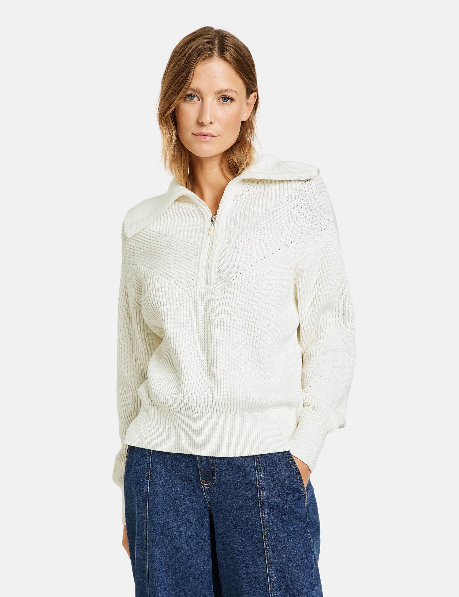 Taifun Rundhalspullover Pullover mit Troyerkragen Offwhite