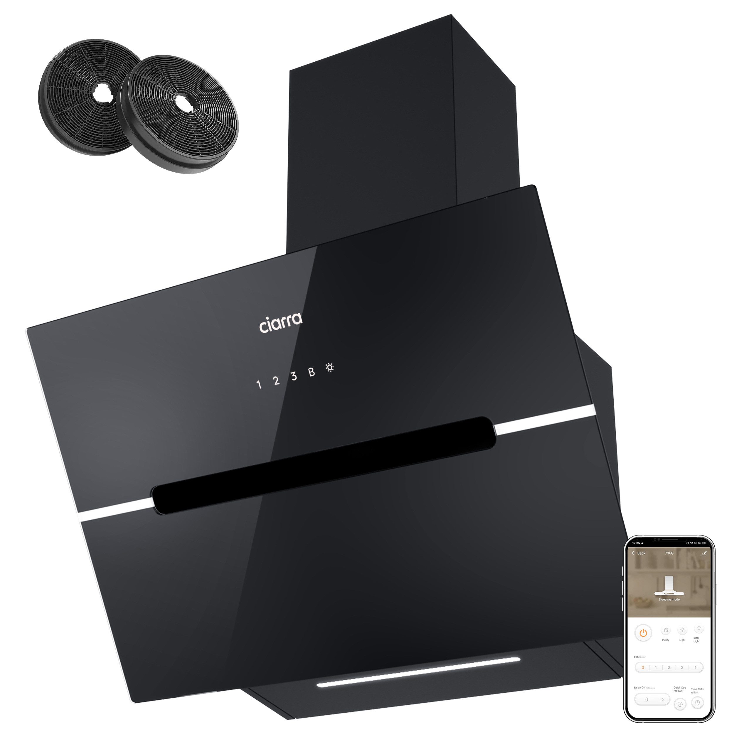 CIARRA Kopffreihaube 60 cm Dunstabzugshaube A+++ 688 m³/h Umluft & Abluft VM6736FB Serie 4 Stufen Inkl. BOOST Leise Schräghaube WIFI-APP Touch Control Umluft & Abluft mit LED