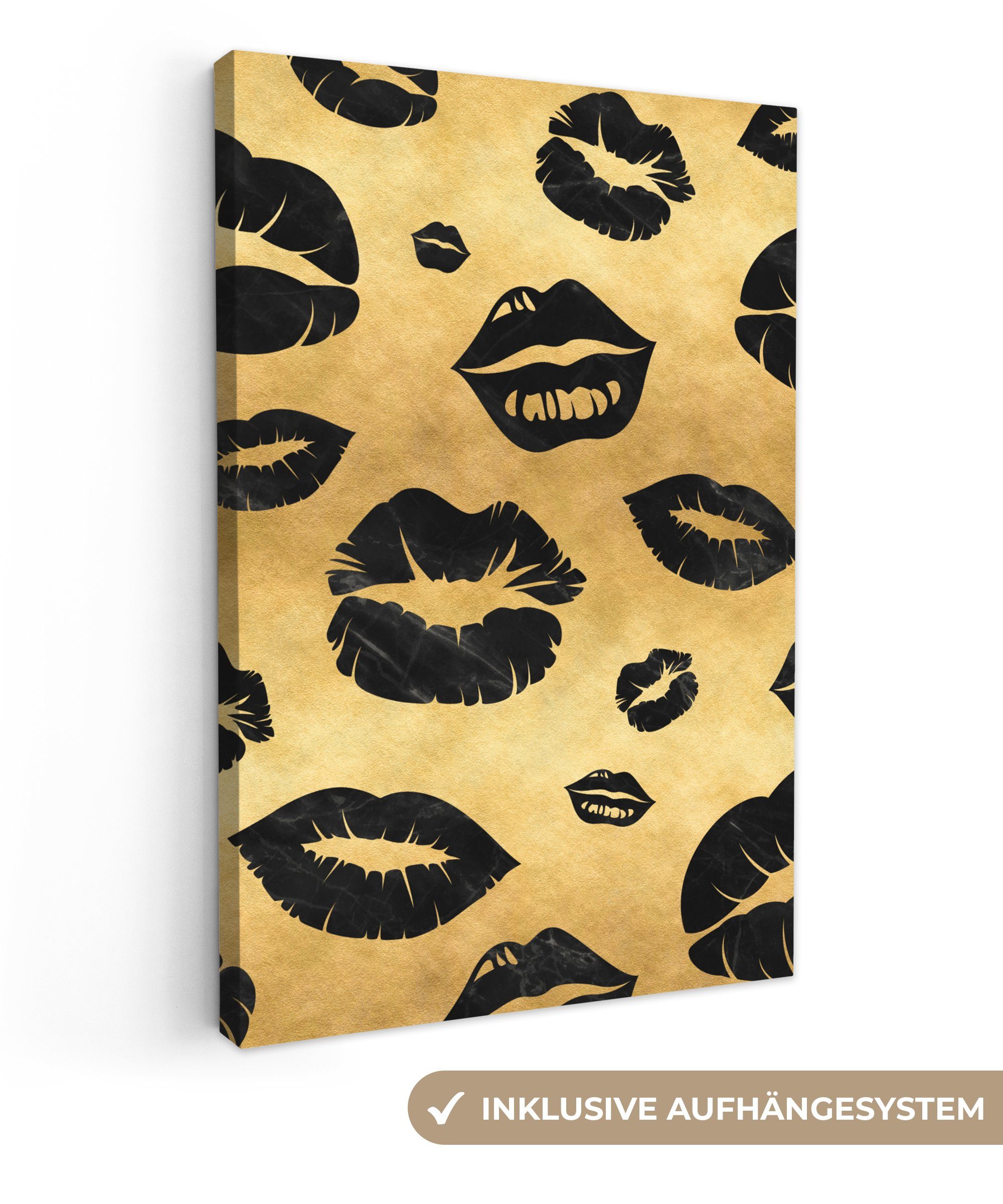 OneMillionCanvasses® Leinwandbild Muster - Kuss bespannt 20x30 - Gold inkl. Leinwandbild St), (1 Schwarz, fertig Gemälde, - cm Zackenaufhänger