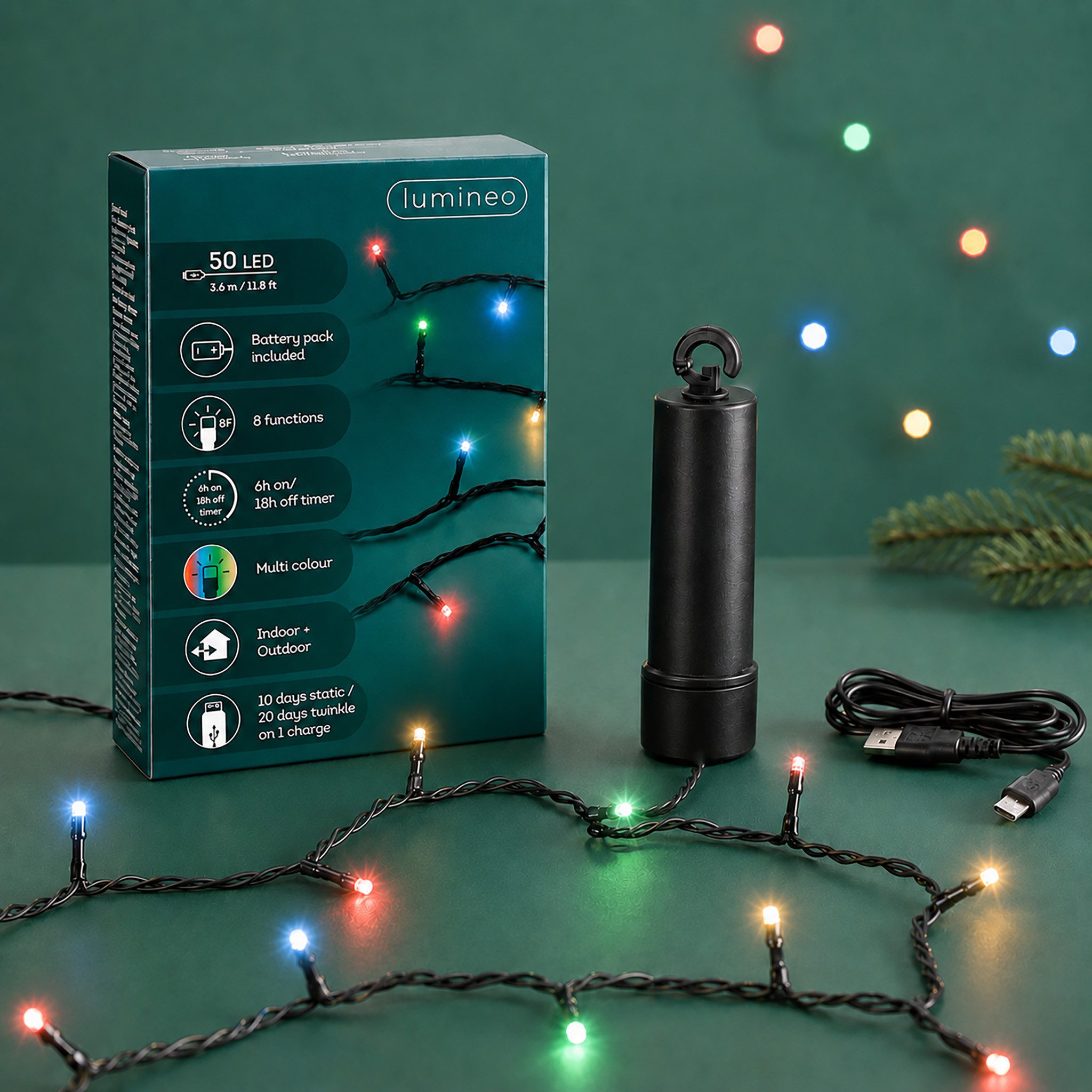Lumineo LED-Lichterkette, LED Lichterkette 3,7m Duracharge Batterie 50 LEDs Bunt / Schwarz