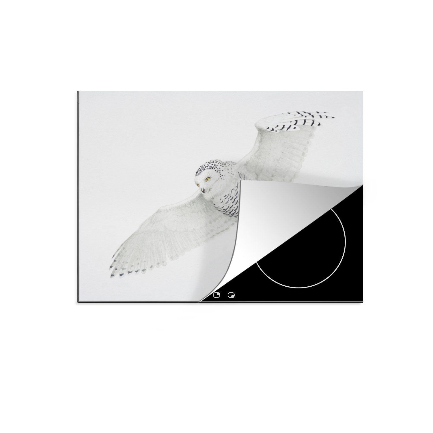 MuchoWow Herdblende-/Abdeckplatte Illustration einer fliegenden Schneeeule, Vinyl, (1 tlg), 70x52 cm, Mobile Arbeitsfläche nutzbar, Ceranfeldabdeckung