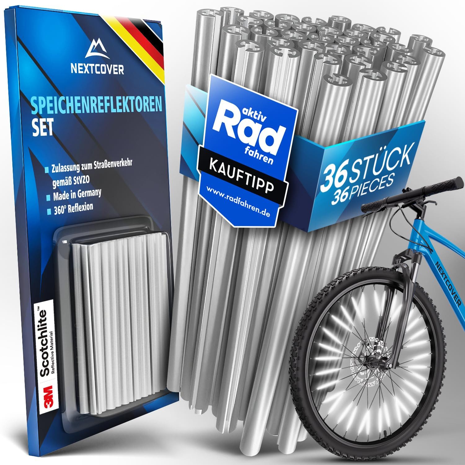 Nextcover Fahrradreflektor Speichenreflektoren mit 3M Scotchlite, silber, zum Aufclipsen, (36 St)