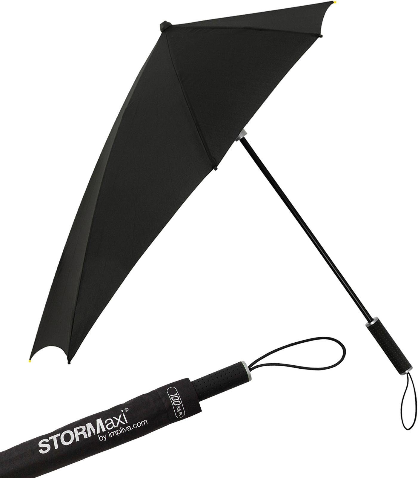 Impliva Stockregenschirm STORMaxi Sturmschirm aerodynamischer Regenschirm, durch seine besondere Form dreht sich der Schirm in den Wind, hält bis zu 100 km/h aus schwarz