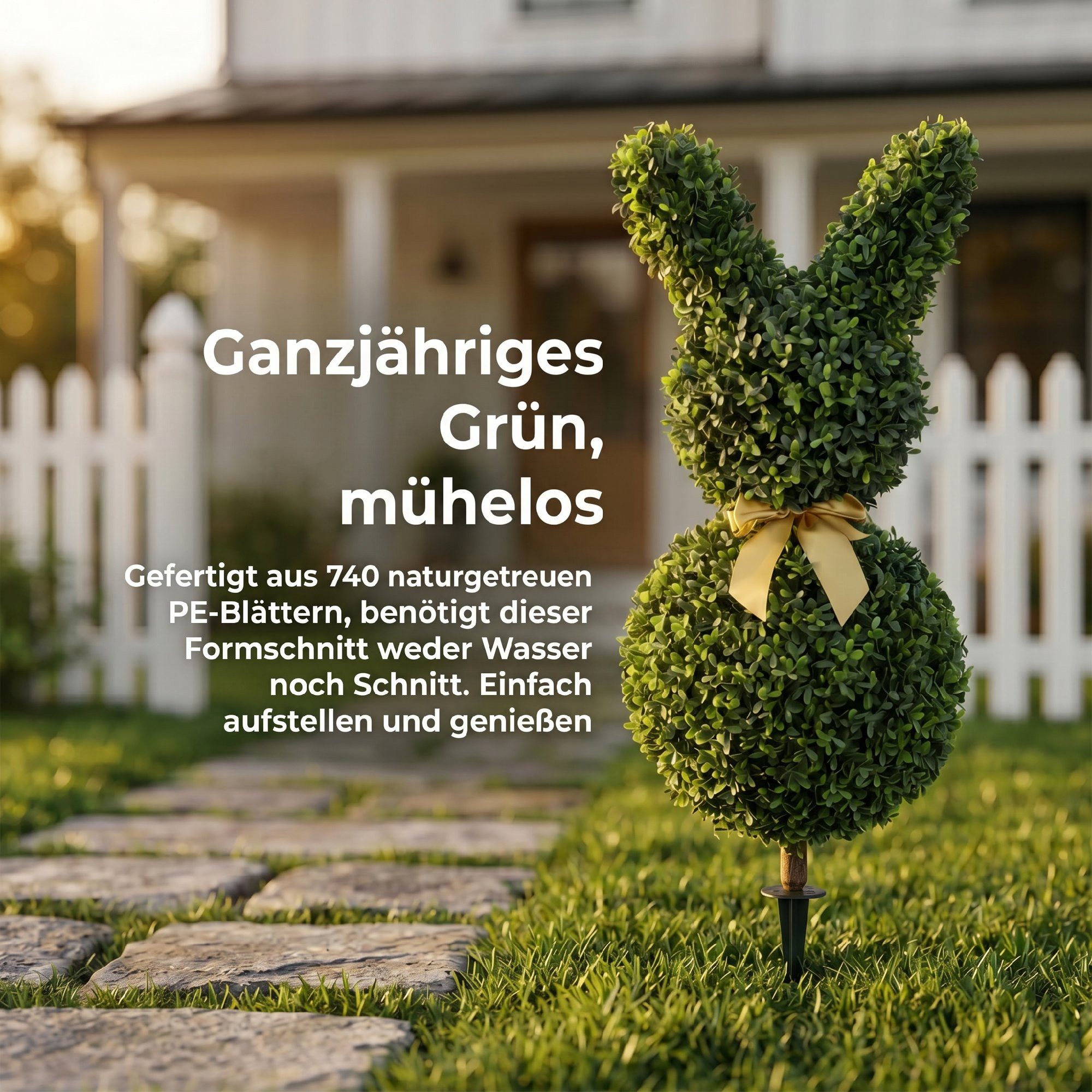 Kunstpflanze Künstliche Pflanze, Dekopflanze für Wohnzimmer, Deko, Garten Buchsbaum, HOMCOM, Höhe 83 cm, Kaninchenform, gelbe Schleife, Bodenpfahl – Bild 5 von 5