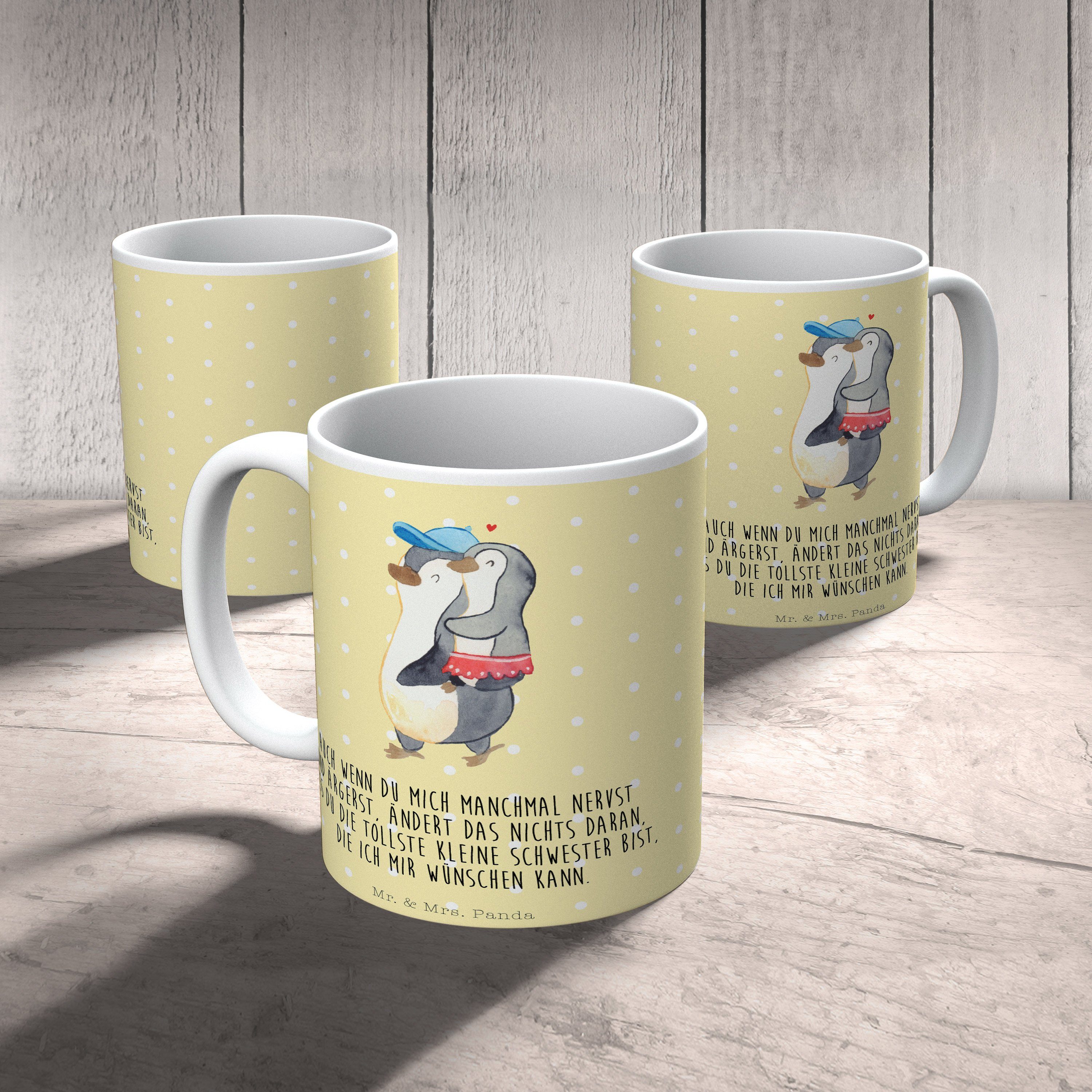 Tasse, - Mrs. Kaffeetass, Tasse Panda Kleine Schwester Mr. Pinguin Gelb & - Pastell Keramik Geschenk,