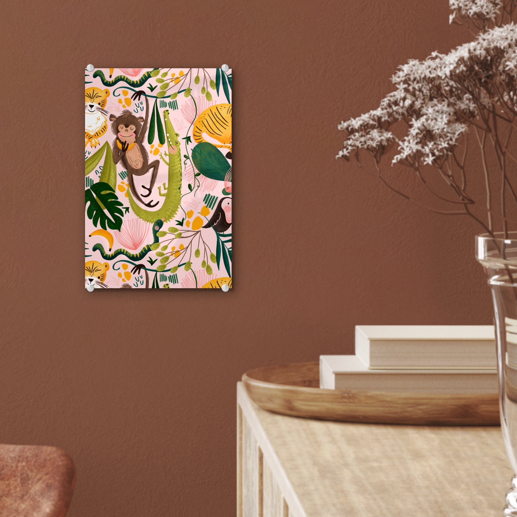 - Acrylglasbild MuchoWow (1 St), Foto Glas - Glasbilder Rosa, - Wandbild Glas - auf - Dschungel Bilder - Wanddekoration Tiere auf Pflanzen