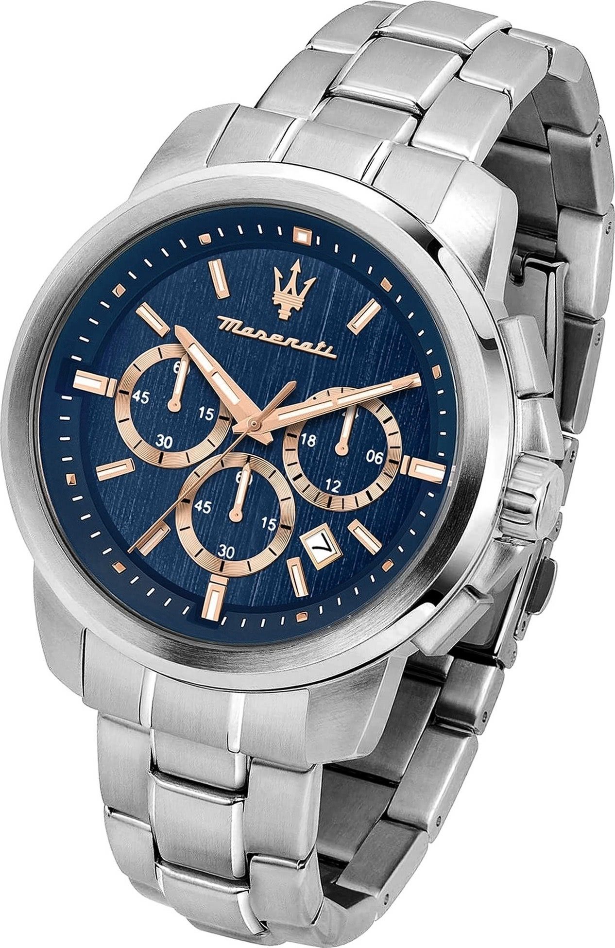 Chrono, Herrenuhr (ca. Chronograph Gehäuse, rundes 44mm) blau Maserati MASERATI Herrenuhr groß Edelstahlarmband,