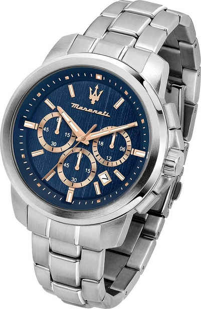 MASERATI Chronograph Maserati Herrenuhr Chrono, Herrenuhr Edelstahlarmband, rundes Gehäuse, groß (ca. 44mm) blau