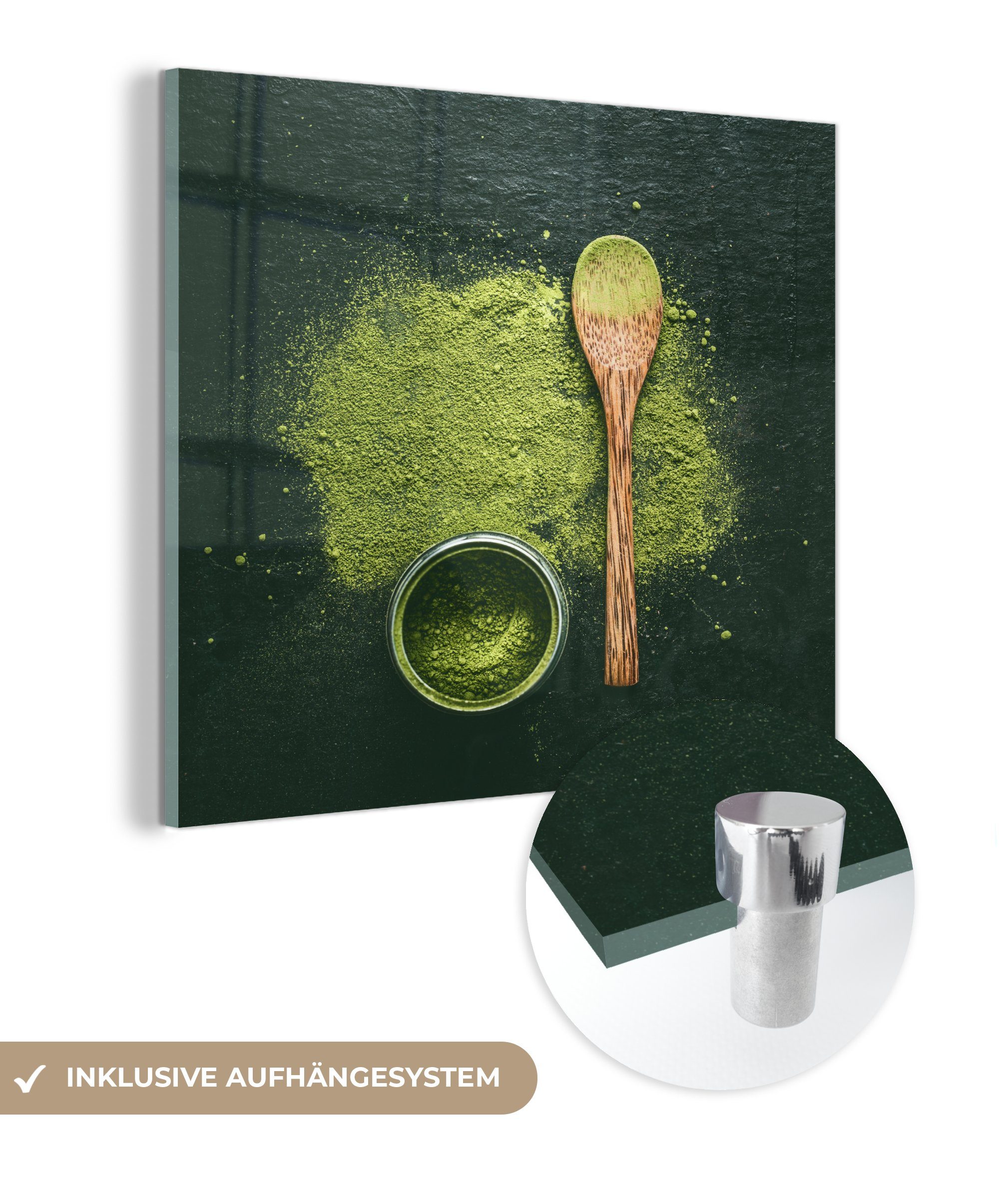 MuchoWow Acrylglasbild Grünes Matcha-Pulver auf grünem Hintergrund, (1 St), Glasbilder - Bilder auf Glas Wandbild - Foto auf Glas - Wanddekoration