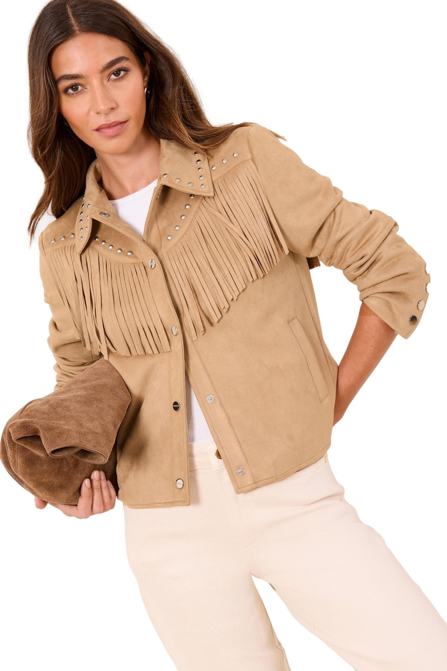 LIPSY Lederimitatjacke Lipsy Fransenjacke aus Kunstveloursleder, Nieten (1-St)