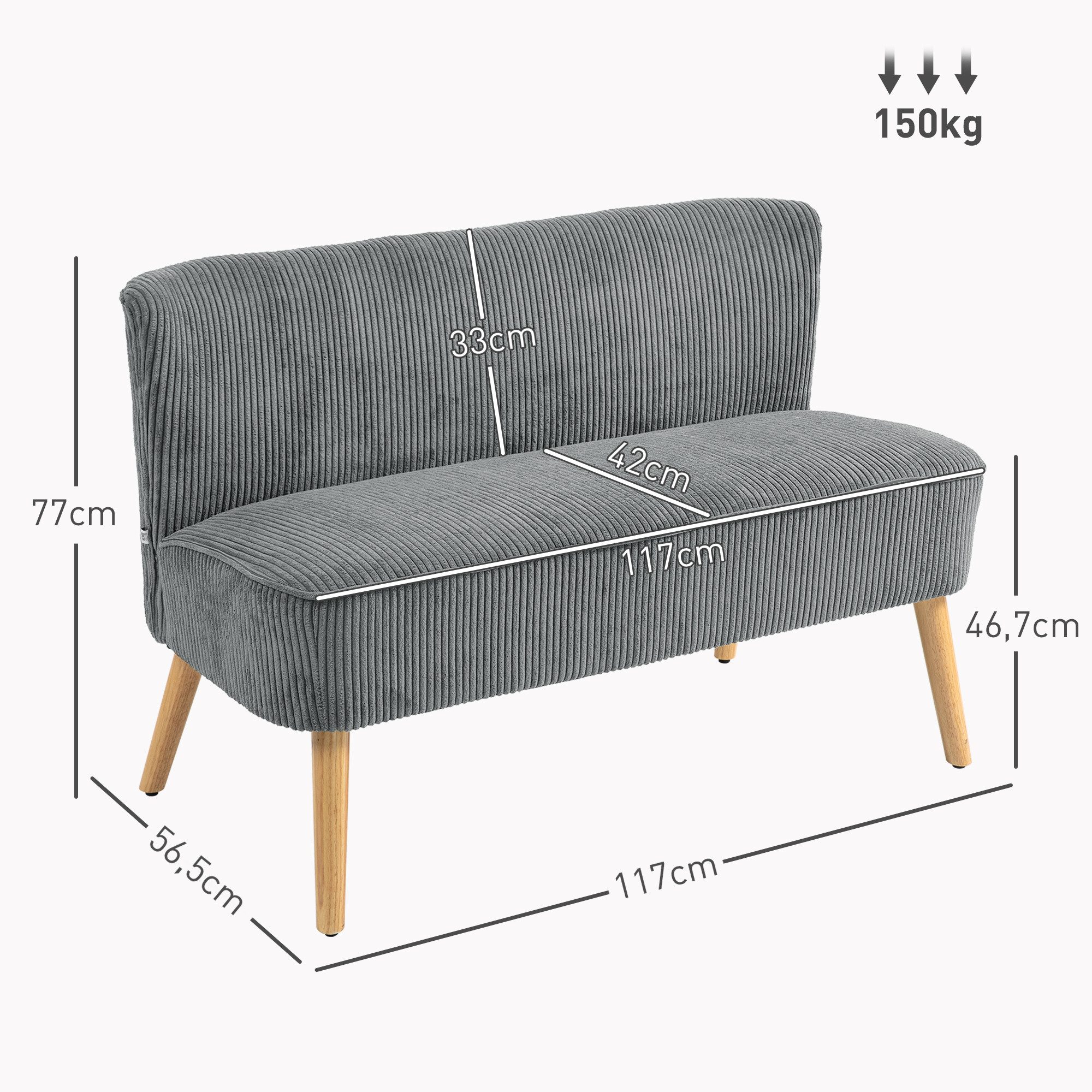 HOMCOM 2-Sitzer Sofa Loveseat mit Leinen-Optik für Schlafzimmer 117x56,5x77cm, Doppelsofa 1 Teile, für Wohnzimmer, Schlafzimmer, 117 x 56,5 x 77 cm, Grau – Bild 3 von 5