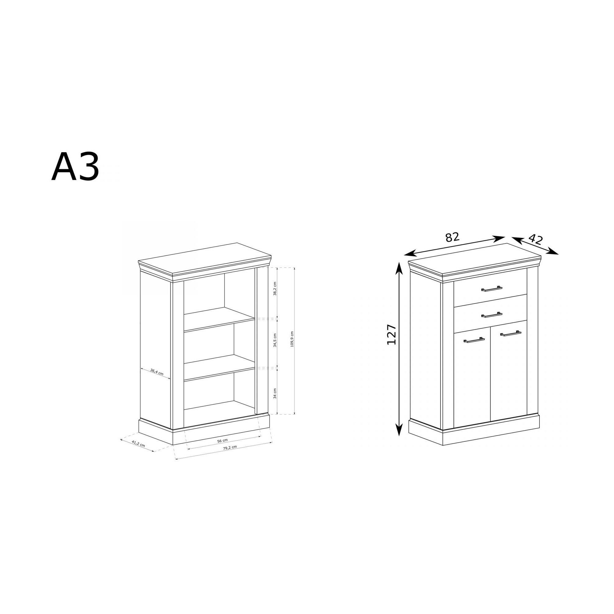 Raumhirsch Furniture Kommode Sideboard, Schrank, Wohnschrank, Anrichte (Maße: 82 x 42 x 127 cm (2 Schubladen, 2 Türen, 2 Einlegeböden), Soft-Close-Scharniere, Metallgriffe, natürliche Holzoptik, Boho-Stil
