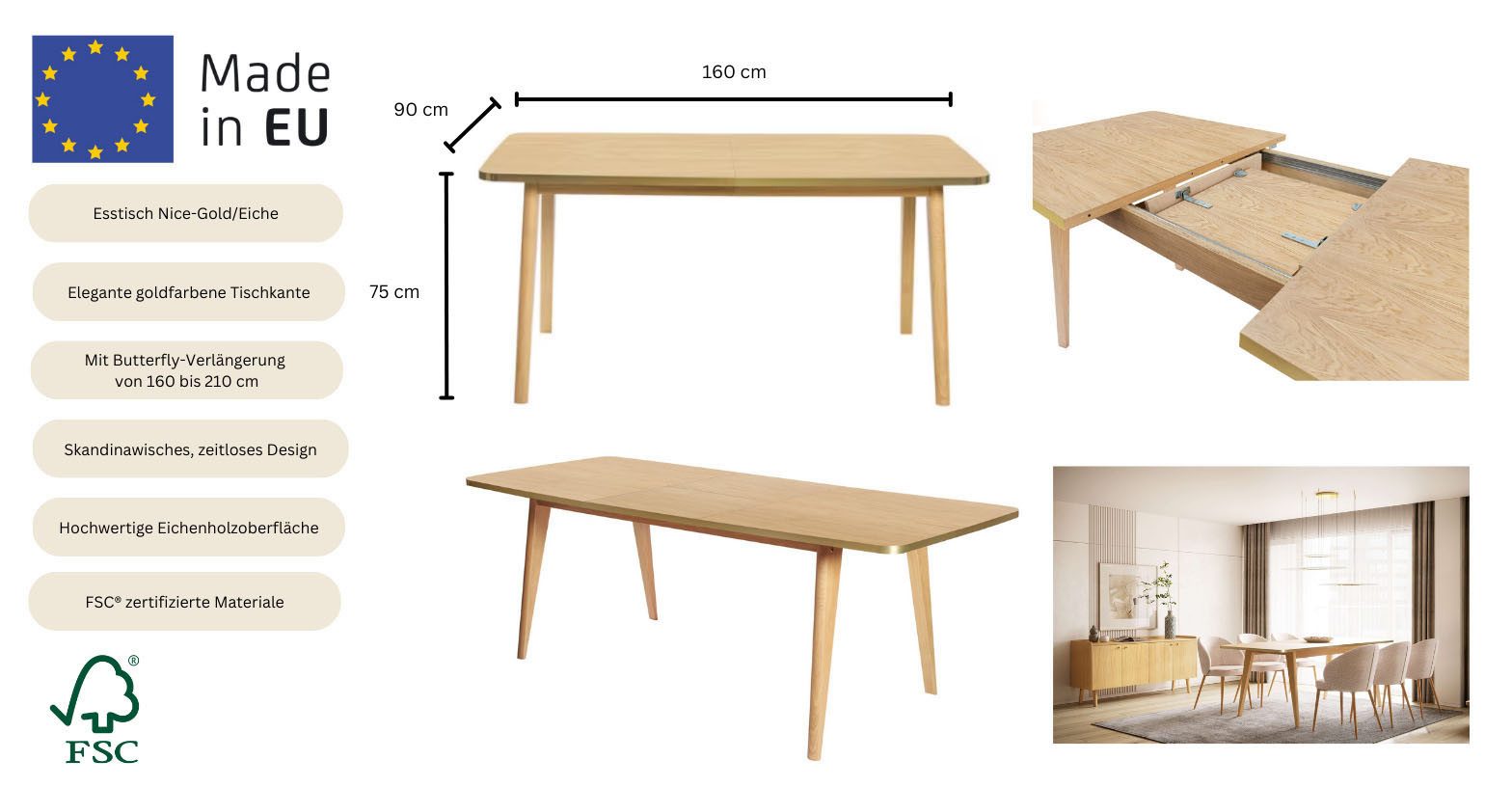 Woodman Esstisch Nice, Breite 160 cm, ausziehbar auf 210 cm, FSC® zertifiziert