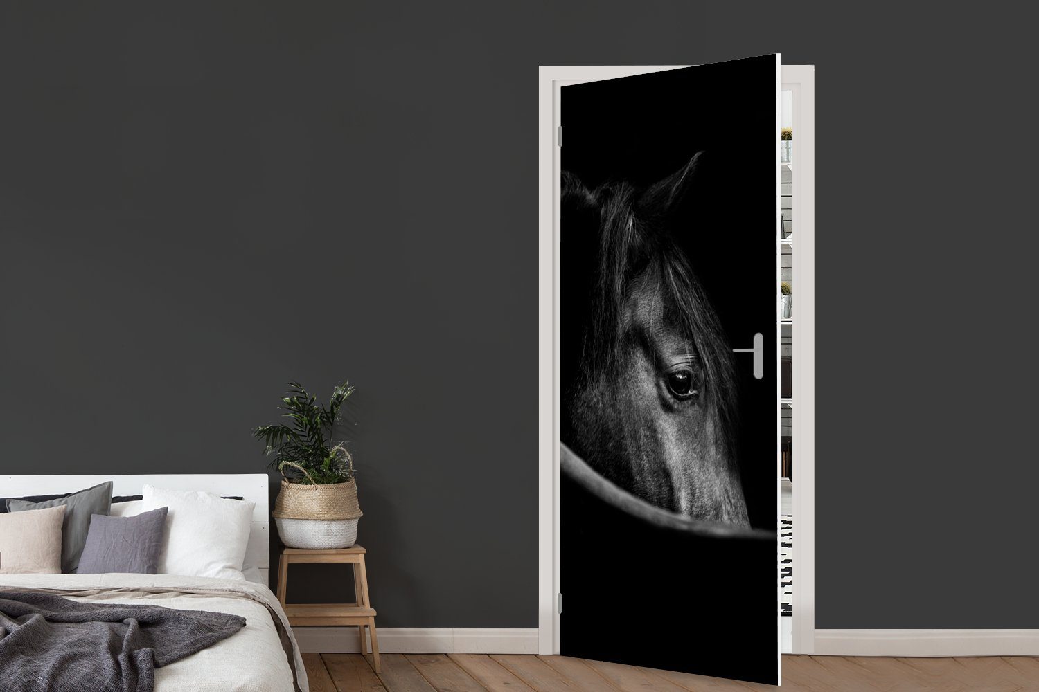 Tür, bedruckt, Fototapete für - - MuchoWow Tiere, Matt, - St), (1 Pferde Schwarz 75x205 cm Türaufkleber, Porträt Türtapete