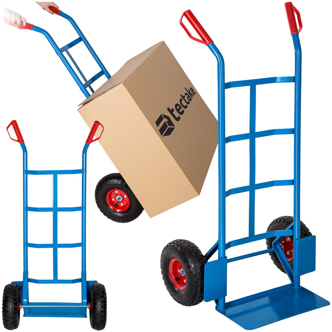 tectake Sackkarre Hubwagen, Belastbarkeit 200 kg, Stahlrahmen und Luftbereifung, (Rollwagen, in blau), Ladeschaufel mit Radschutz, …