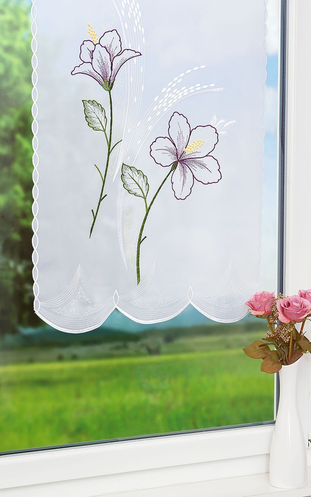 Scheibengardine Blume, Plauener Spitze®, transparent, 70x49cm HxB (1 St)
