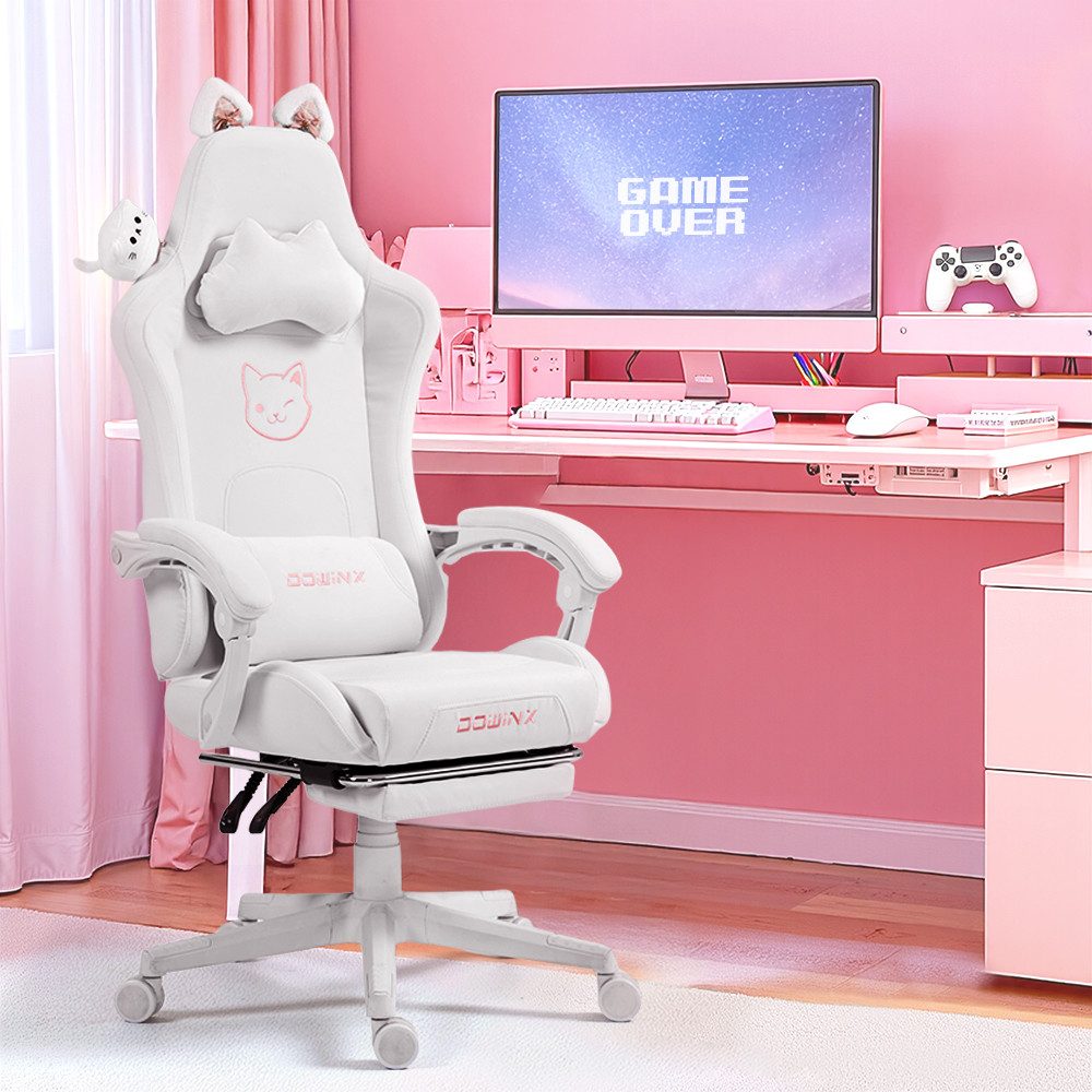 Dowinx Gaming-Stuhl Süße Katze Edition mit Katzenohren und Plüschtier (Packung), Ergonomischer Stuhl mit Hoher Rückenlehne und Lendenwirbelstütze